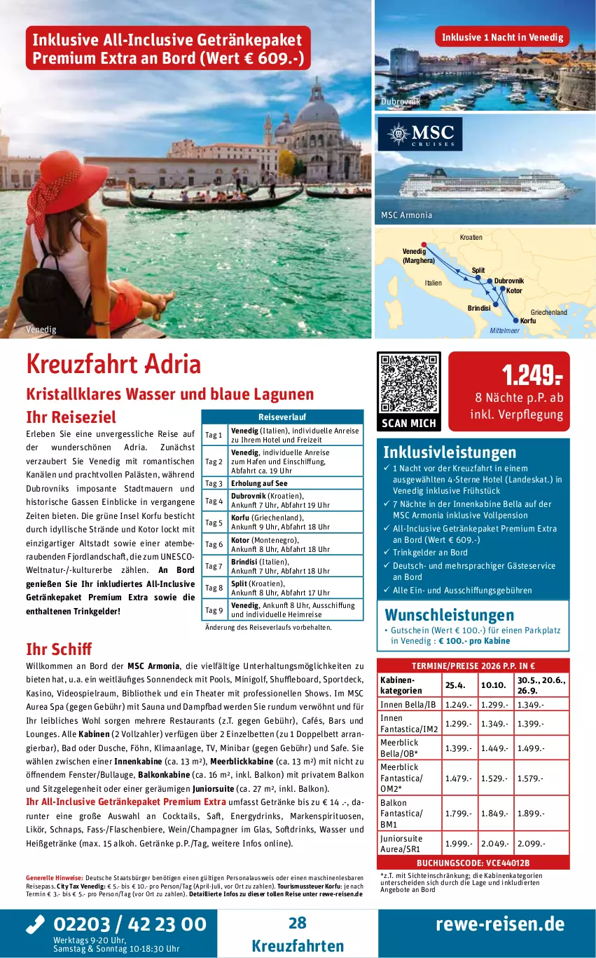 Aktueller Prospekt Rewe Reisen - Reiseprospekt - von 24.10 bis 26.12.2025 - strona 28 - produkty: angebot, angebote, asti, auer, Bad, balkonkabine, bett, Betten, bier, Biere, buch, champagne, champagner, cocktail, cocktails, deo, drink, drinks, dusche, eis, elle, erde, fanta, fenster, flasche, getränk, getränke, gutschein, inklusivleistungen, kreuzfahrten, likör, meerblickkabine, monte, natur, Persona, pool, pril, reis, reiseverlauf, rel, Ria, rind, saft, SANTE, spirituosen, Sport, Thea, Ti, tisch, uhr, wasser, wein