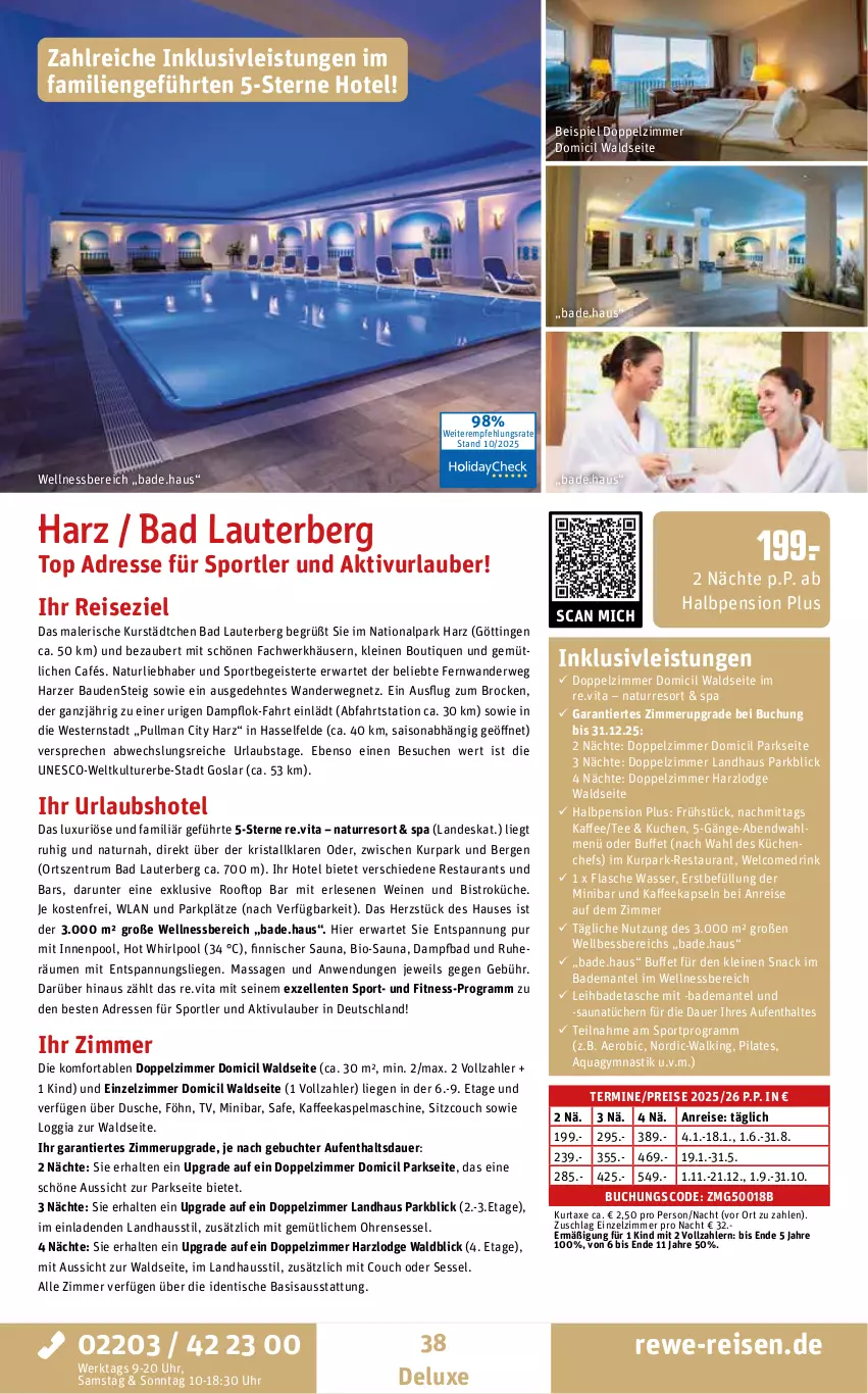 Aktueller Prospekt Rewe Reisen - Reiseprospekt - von 24.10 bis 26.12.2025 - strona 38 - produkty: aqua, asti, auer, axe, Bad, Bademantel, Bau, bio, Brock, buch, Couch, drink, dusche, eis, elle, ente, flasche, inklusivleistungen, innenpool, kaffee, kaffeekapseln, küche, Küchen, kuchen, kurtaxe, leine, Liege, Mantel, natur, pool, reis, rum, rwe, sessel, snack, Sport, Tasche, tee, Ti, tisch, tücher, uhr, vita, wasser, wein, weine, wellnessbereich, Weste, Whirlpool