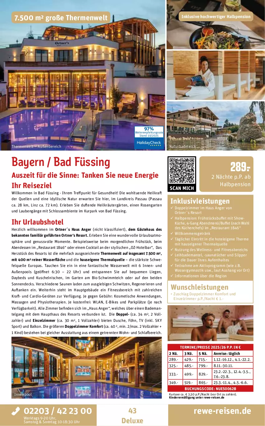 Aktueller Prospekt Rewe Reisen - Reiseprospekt - von 24.10 bis 26.12.2025 - strona 43 - produkty: asti, auer, axe, Bad, Bademantel, bio, buch, cocktail, dusche, E-Bike, E-Bikes, eis, elle, ente, fanta, Garten, Gesundheit, getränk, inklusivleistungen, innenpool, Kinder, kraft, kräuter, küche, Küchen, kurtaxe, LG, Liege, Mantel, natur, ndk, nuss, pool, reis, rosen, rwe, slip, Slipper, Sport, Ti, tisch, tücher, uhr, wasser