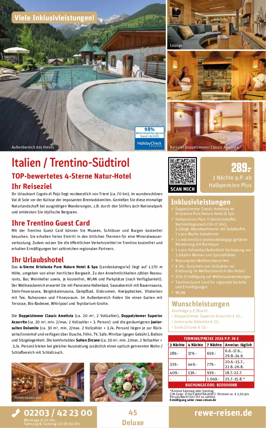 Aktueller Prospekt Rewe Reisen - Reiseprospekt - von 24.10 bis 26.12.2025 - strona 45 - produkty: Alwa, auer, axe, Bad, Bau, Bauer, bio, brunnen, buch, cin, Couch, decke, dusche, eis, elle, Garten, gutschein, inklusivleistungen, kneipp, kräuter, Liege, mineralwasser, natur, naturland, pool, rama, reis, salat, SANTE, snack, Spezi, tee, Ti, tisch, uhr, vita, wasser, wein, weine, wellnessbereich, Whirlpool