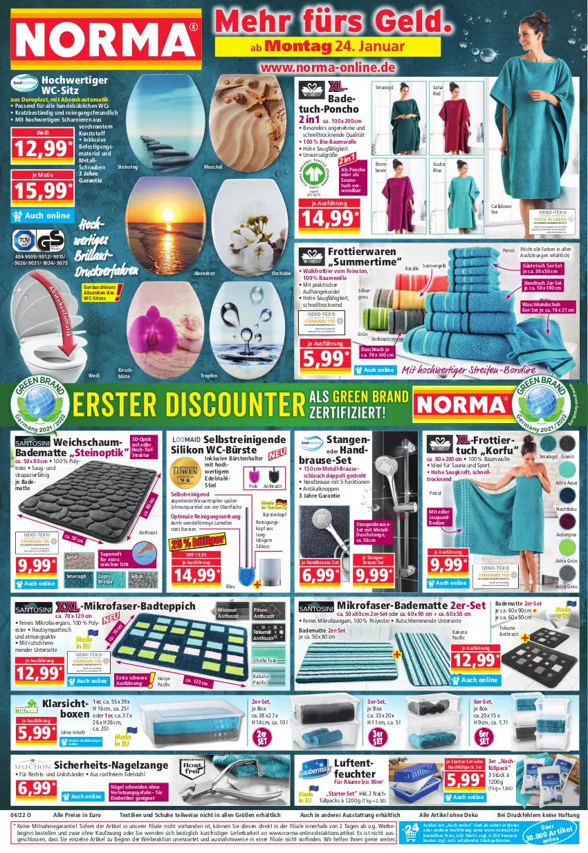 Aktueller Prospekt Norma - Norma - von 24.01 bis 31.01.2022 - strona 1 - produkty: aqua, aubergine, auto, Bad, badematte, badetuch, badteppich, Bau, baumwolle, Bebe, beere, bio, bio-baumwolle, Blüte, brause, brauseschlauch, bree, brombeere, bürste, bürsten, Cap, Cif, duschtuch, edelstahl, eis, elle, Engel, gästetuch, gin, gsw, handbrause, handtuch, kirsch, kraft, LG, Luftentfeuchter, mikrofaser, Nagelzange, ndk, orchidee, passend für alle, perlen, pils, reifen, Reinigung, reis, Ria, rwe, Salsa, Saunatuch, schlauch, schrauben, schuhe, Sport, Spülen, teppich, Ti, tisch, tuc, waschhandschuh, wasser, WC-Bürste, wc-sitz, wolle