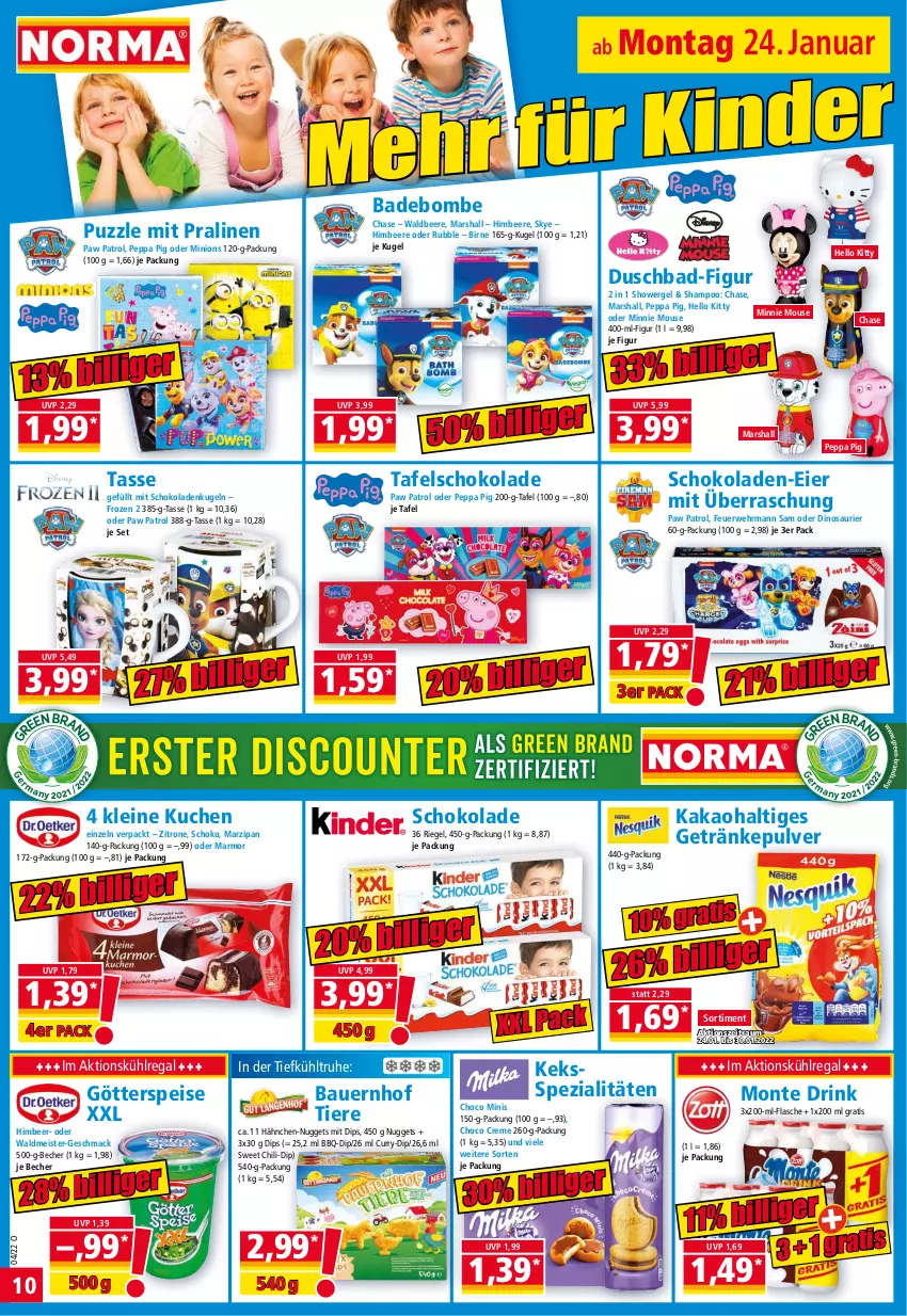 Aktueller Prospekt Norma - Norma - von 24.01 bis 31.01.2022 - strona 10 - produkty: auer, Bad, Bau, Bauer, Becher, beere, chili, creme, curry, dip, drink, duschbad, ehrmann, eier, eis, flasche, getränk, getränke, getränkepulver, götterspeise, himbeer, himbeere, kakao, keks, kuchen, Kugel, kühlregal, leine, mac, mars, marzipan, Meister, monte, nuggets, Paw Patrol, Peppa Pig, pralinen, Puzzle, regal, riegel, rwe, schoko, schokolade, schokoladen, shampoo, Spezi, tafelschokolade, tasse, Ti, Tiere, waldmeister, zitrone