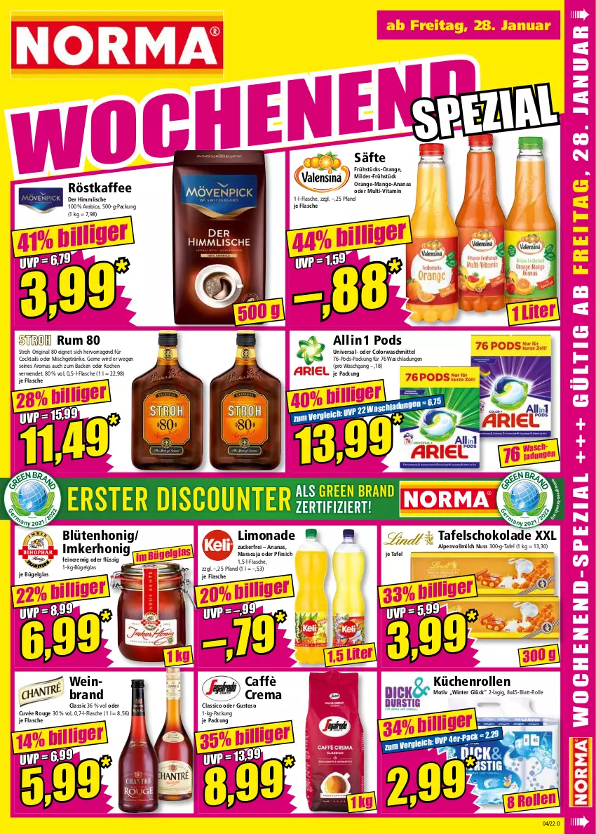 Aktueller Prospekt Norma - Norma - von 24.01 bis 31.01.2022 - strona 15 - produkty: ananas, Blüte, blütenhonig, bügel, caffè crema, classico, cocktail, cocktails, colorwaschmittel, cuvée, flasche, getränk, getränke, gin, honig, kaffee, küche, Küchen, küchenrolle, küchenrollen, LG, limo, limonade, mango, maracuja, milch, nuss, orange, pfirsich, Pods, röstkaffee, rouge, rum, rwe, säfte, schoko, schokolade, tafelschokolade, Ti, vita, vollmilch, waschmittel, wein, weinbrand, zucker