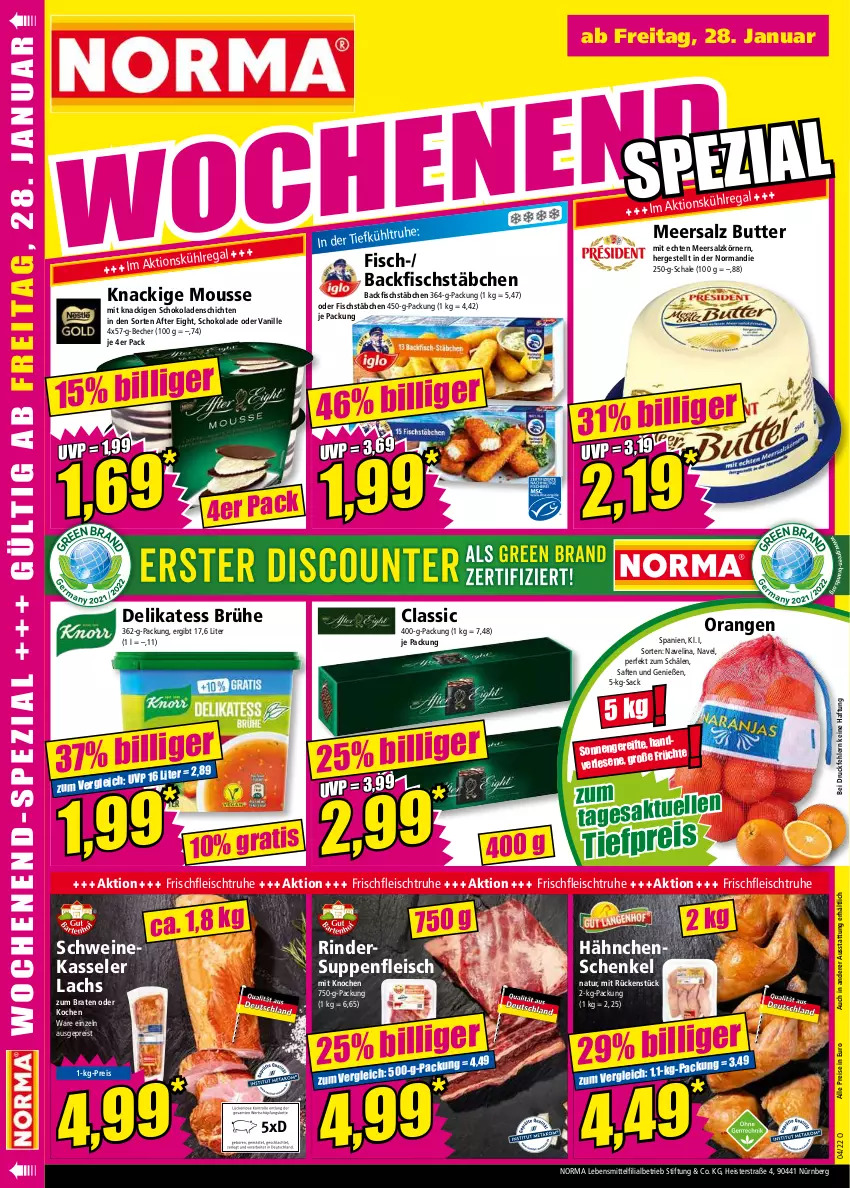 Aktueller Prospekt Norma - Norma - von 24.01 bis 31.01.2022 - strona 16 - produkty: after eight, backfisch, Becher, braten, Brühe, butter, eis, fisch, fischstäbchen, fleisch, früchte, hähnchenschenkel, henkel, kasseler, Knackige Mousse, lachs, lebensmittel, meersalz, mousse, natur, navelina, orange, orangen, regal, reis, rind, rinder, sac, saft, salz, Schal, Schale, schenkel, schoko, schokolade, schokoladen, schwein, schweine, suppe, suppen, suppenfleisch, Ti, tiefpreis, vanille, wein, weine