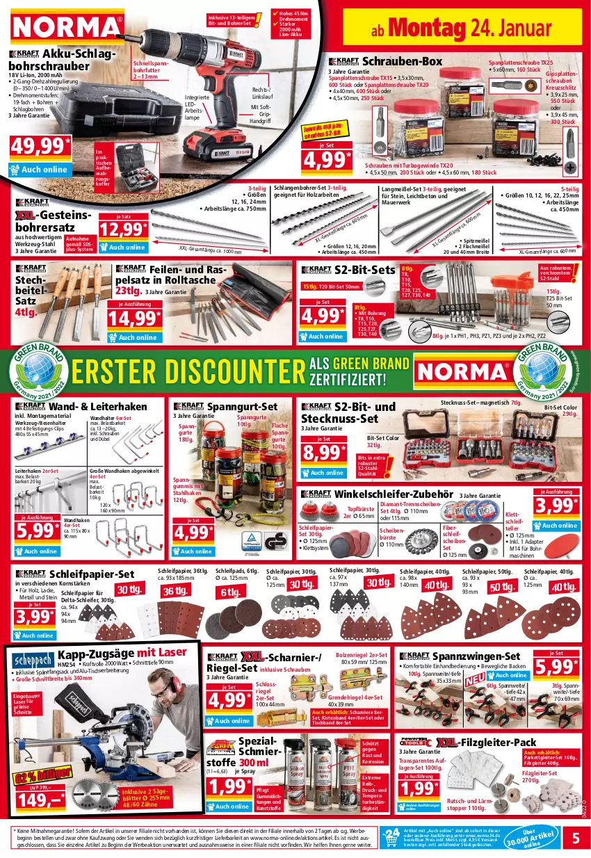 Aktueller Prospekt Norma - Norma - von 24.01 bis 31.01.2022 - strona 5 - produkty: adapter, akku, Akku-Schlagbohrschrauber, auer, aufbewahrungskoffer, Bau, Bebe, Bohrer-Set, Bohrschrauber, Brei, bürste, eis, elle, ente, gin, Holz, koffer, korn, kraft, lack, Lacke, Lampe, latte, LG, lion, ndk, nuss, papier, reis, Ria, riegel, rwe, sac, säge, Schleifpapier, schrauben, Spezi, Tasche, teller, Ti, tisch, topf, topper, werkzeug, Winkelschleifer