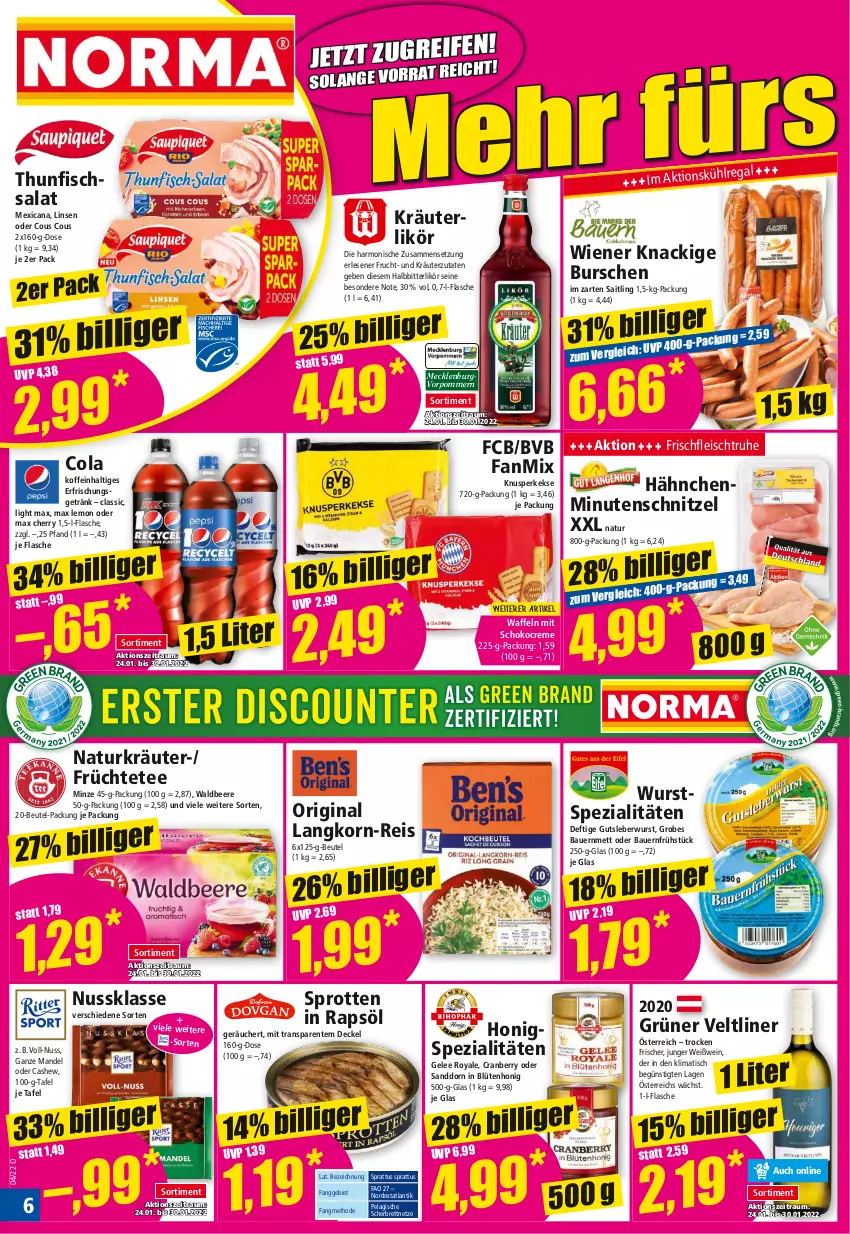 Aktueller Prospekt Norma - Norma - von 24.01 bis 31.01.2022 - strona 6 - produkty: auer, Bau, Bauer, beere, beutel, Blüte, blütenhonig, Cashew, cola, Cous Cous, cranberry, creme, decke, Deckel, eis, ente, erfrischungsgetränk, fisch, flasche, fleisch, frucht, früchte, Früchtetee, gelee, getränk, gin, grüner veltliner, gutsleberwurst, honig, im zarten saitling, keks, kekse, korn, kräuter, kräuterlikör, leberwurst, likör, linsen, mandel, Mett, minutenschnitzel, minze, natur, nuss, rapsöl, regal, reis, salat, sanddorn, schnitzel, schoko, Spezi, Sprotten, tee, thunfisch, Thunfischsalat, Ti, tisch, waffeln, wein, Weißwein, wiener, wurst