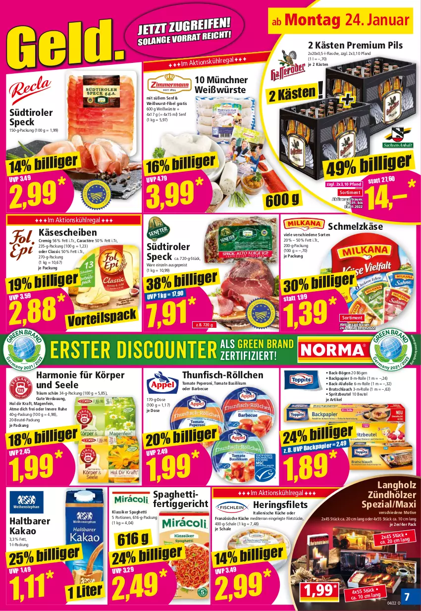 Aktueller Prospekt Norma - Norma - von 24.01 bis 31.01.2022 - strona 7 - produkty: barbecue, basilikum, beutel, caractère, eis, fertiggericht, filet, filets, fisch, flasche, hering, Herings, heringsfilets, Holz, kakao, Käse, käsescheiben, kraft, küche, kühlregal, papier, peperoni, Peroni, pils, premium pils, regal, reis, ring, sac, Schal, Schale, schlauch, Schmelzkäse, senf, spaghetti, Speck, Spezi, südtiroler, thunfisch, Ti, tomate, Weißwurst, wurst