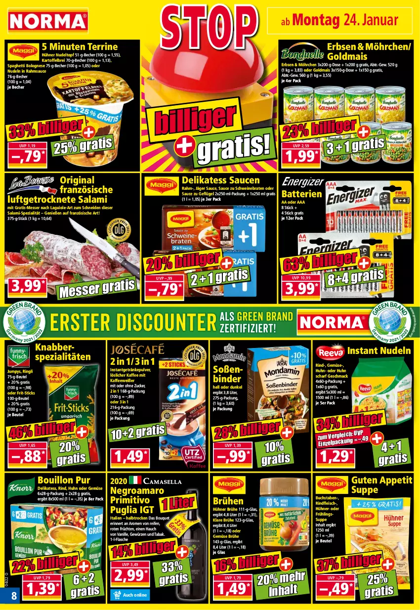 Aktueller Prospekt Norma - Norma - von 24.01 bis 31.01.2022 - strona 8 - produkty: amaro, batterie, batterien, Becher, beutel, bolognese, braten, Brei, Brühe, buch, delikatess sauce, eis, erbsen, flasche, fleisch, Frit-Sticks, früchte, früchten, Geflügel, getränk, getränke, getränkepulver, gewürz, gin, Goldmais, hühner, kaffee, kartoffel, kartoffelbrei, löslicher kaffee, Luftgetrocknete Salami, mac, mais, messer, nudel, nudeln, primitivo, reifen, rind, rindfleisch, ring, salami, sauce, saucen, schwein, schweine, schweinebraten, Soße, spaghetti, spaghetti bolognese, Spezi, suppe, terrine, Ti, topf, vanille, wein, weine, zucker