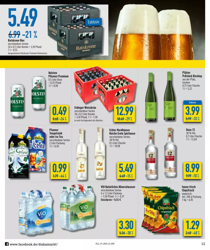 Aktueller Prospekt Diska - Prospekte - von 09.05 bis 14.05.2022 - strona 12 - produkty: Alwa, bier, chips, chipsfrisch, eis, erdinger, flasche, funny-frisch, getränk, Hefe, hefeweizen, holsten, ice tea, krone, mineralwasser, natürliches mineralwasser, pfanne, Pfanner, pils, pilsener, reis, riesling, tee, wasser