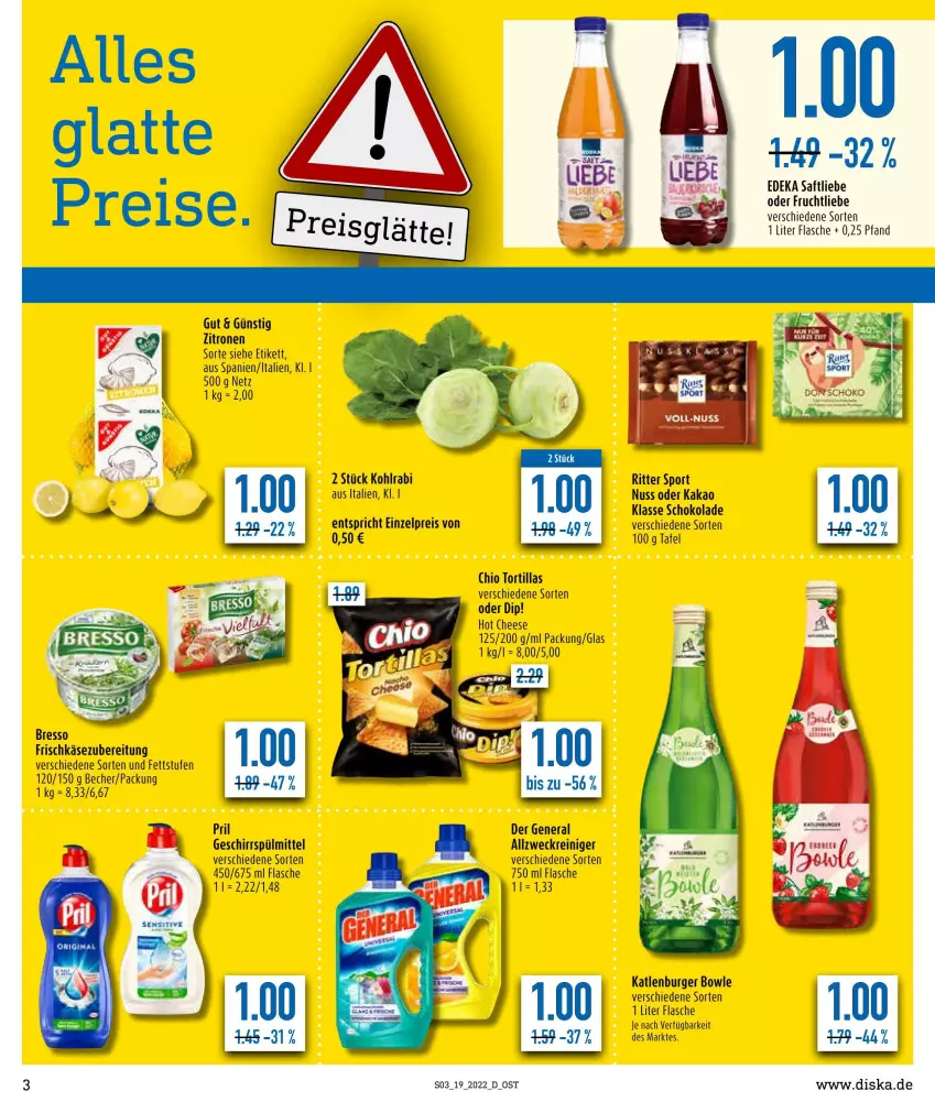 Aktueller Prospekt Diska - Prospekte - von 09.05 bis 14.05.2022 - strona 3 - produkty: allzweckreiniger, Becher, bowle, bresso, burger, deka, dip, eis, flasche, frischkäse, frischkäsezubereitung, frucht, geschirr, geschirrspülmittel, kakao, Käse, katlenburger, kohlrabi, latte, nuss, pril, reiniger, reis, ritter, ritter sport, saft, schoko, schokolade, Sport, spülmittel, Ti, tortilla, tortillas, weck