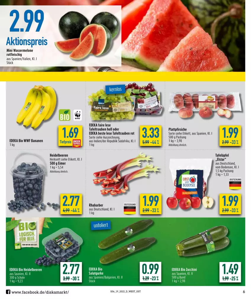 Aktueller Prospekt Diska - Prospekte - von 09.05 bis 14.05.2022 - strona 6 - produkty: aktionspreis, banane, bananen, beere, beeren, bio, deka, edeka bio, eimer, eis, fleisch, gurke, heidelbeere, heidelbeeren, LG, melone, natur, pfirsich, pfirsiche, plattpfirsiche, reis, rhabarber, salat, Salatgurke, Schal, Schale, tafeläpfel, tafeltrauben, Ti, tiefpreis, trauben, wasser, wassermelone, zucchini