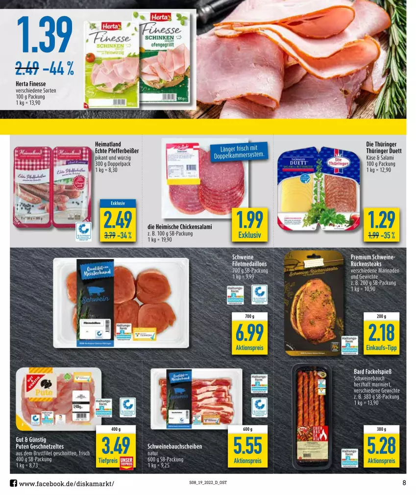 Aktueller Prospekt Diska - Prospekte - von 09.05 bis 14.05.2022 - strona 8 - produkty: aktionspreis, Bau, bauchscheiben, eis, finesse, geschnetzeltes, grill, herta, herta finesse, Ofen, pfeffer, Pfefferbeißer, pute, reis, ring, Rückensteak, rückensteaks, salami, schinken, schwein, schweine, Schweinebauch, schweinebauchscheiben, steak, steaks, Ti, wein, weine, Zelt