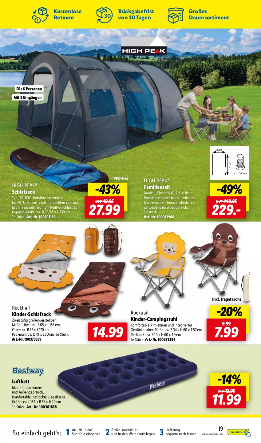 Aktueller Prospekt Lidl - Aktuelle Onlineshop-Highlights - von 01.06 bis 30.06.2024 - strona 19 - produkty: armlehnen, auer, bett, campingstuhl, dell, eis, Familienzelt, fenster, Gardinen, getränk, getränke, getränkehalter, Kinder, korb, Liege, luftbett, Mode, rama, Rauch, sac, schlafsack, stuhl, Tasche, Ti, tragetasche, Zelt