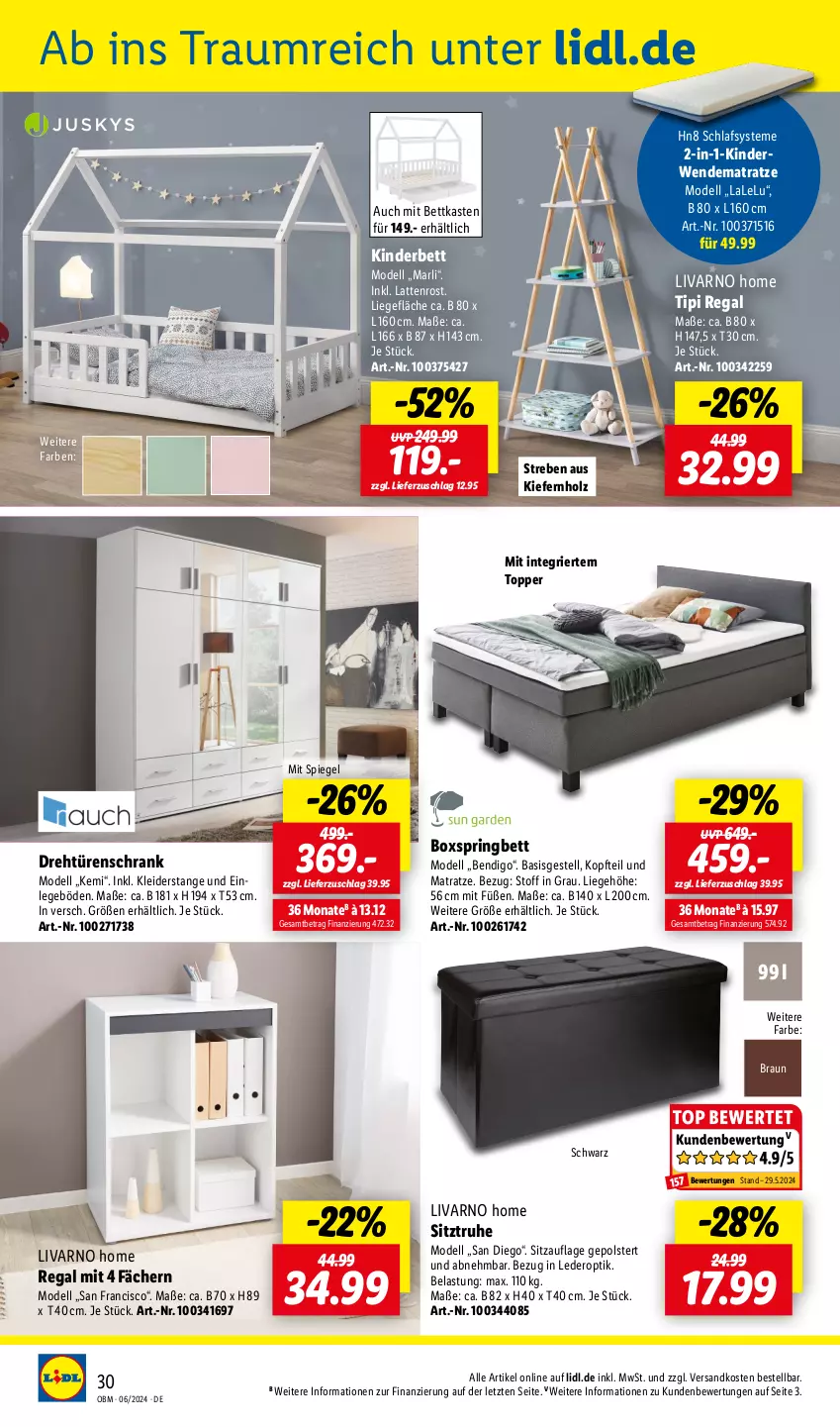 Aktueller Prospekt Lidl - Aktuelle Onlineshop-Highlights - von 01.06 bis 30.06.2024 - strona 30 - produkty: bett, bettkasten, boxspringbett, braun, dell, drehtürenschrank, Holz, Kinder, Kinderbett, kleid, kleider, latte, lattenrost, Liege, matratze, Mode, ndk, regal, ring, rwe, Schrank, Sitzauflage, Sitztruhe, spiegel, Ti, Tipi, topper, türenschrank, und matratze, wendematratze, ZTE