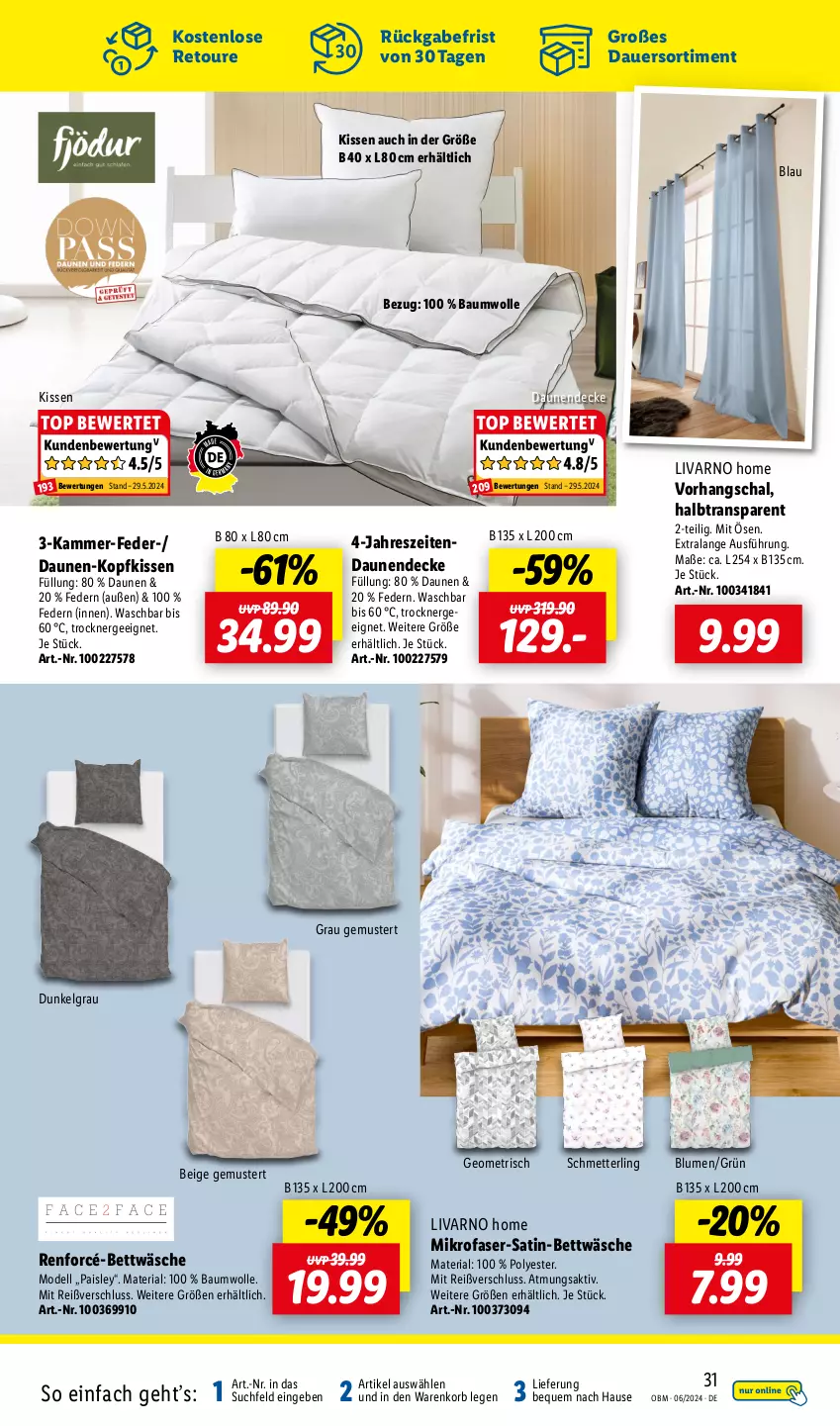 Aktueller Prospekt Lidl - Aktuelle Onlineshop-Highlights - von 01.06 bis 30.06.2024 - strona 31 - produkty: auer, Bau, baumwolle, bett, bettwäsche, blume, blumen, decke, dell, Ergee, kissen, kopfkissen, korb, LG, Mett, mikrofaser, Mode, renforcé-bettwäsche, Ria, satin-bettwäsche, Schal, Schmetterling, Ti, Trockner, wolle