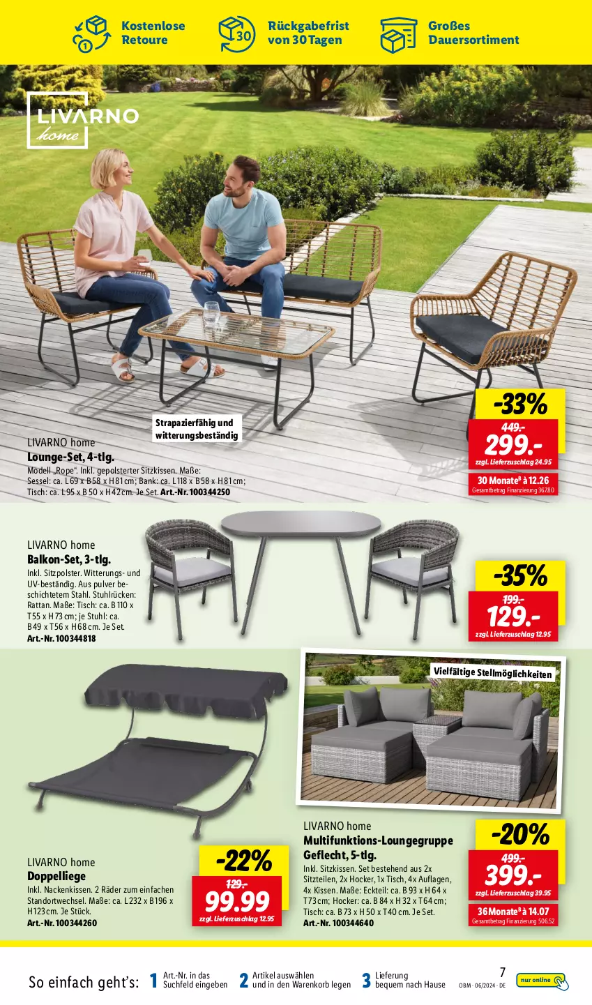 Aktueller Prospekt Lidl - Aktuelle Onlineshop-Highlights - von 01.06 bis 30.06.2024 - strona 7 - produkty: auer, Bank, dell, hocker, kissen, korb, LG, Liege, lounge-set, Mode, nackenkissen, sessel, sitzkissen, stuhl, Ti, tisch, ZTE