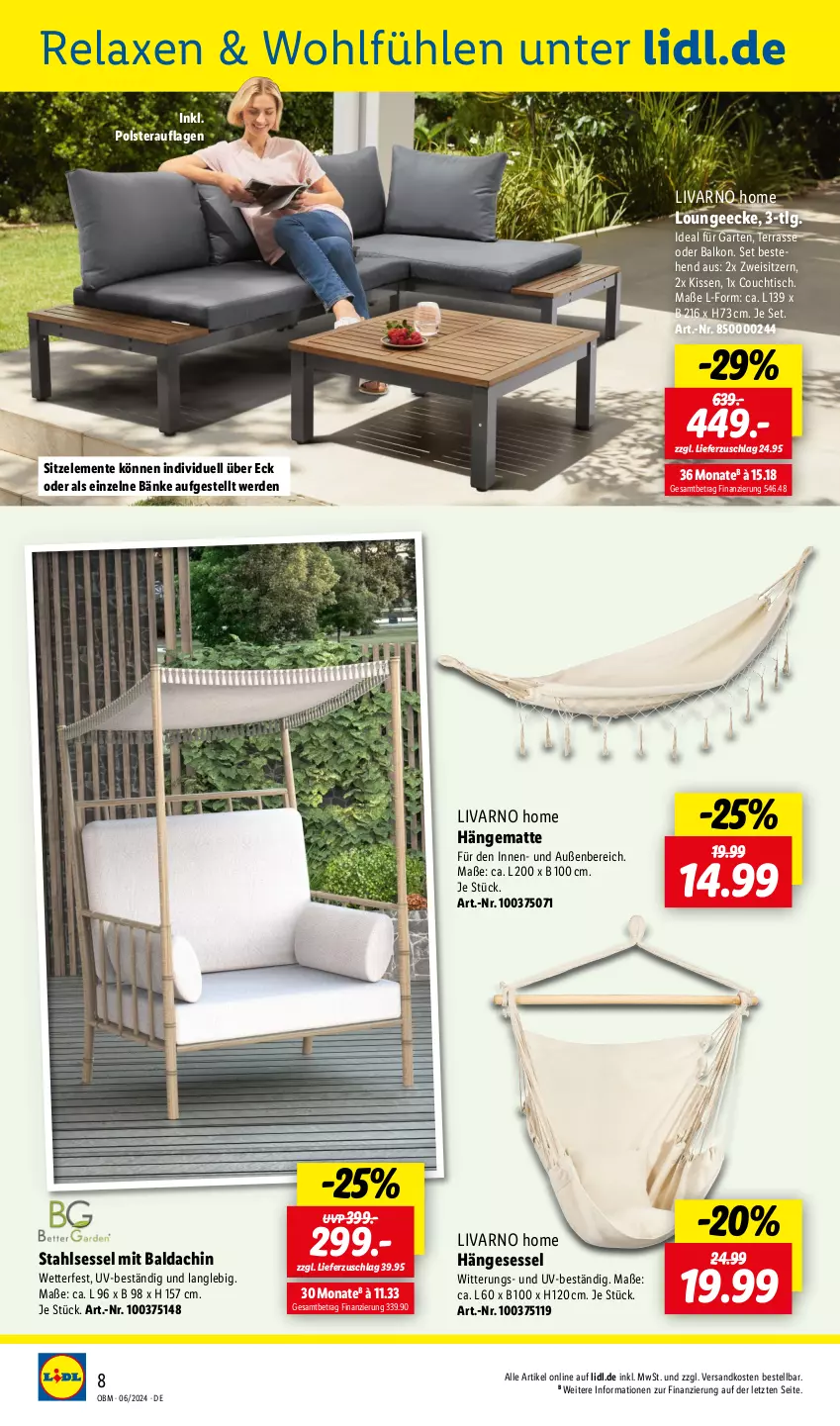 Aktueller Prospekt Lidl - Aktuelle Onlineshop-Highlights - von 01.06 bis 30.06.2024 - strona 8 - produkty: axe, Couch, couchtisch, eis, ente, erde, Garten, hängematte, hängesessel, kissen, LG, ndk, rel, sessel, Ti, tisch, ZTE