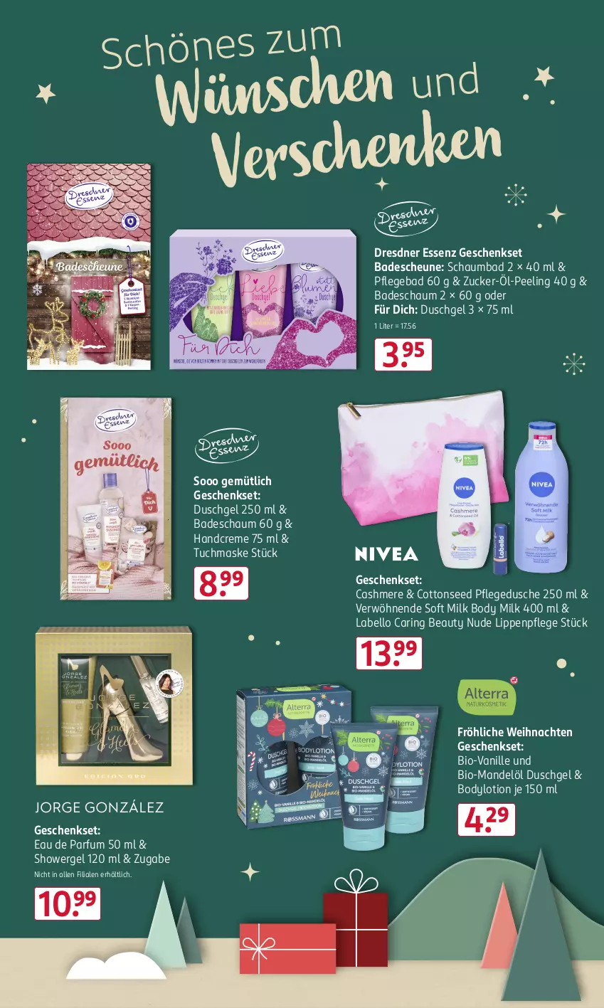 Aktueller Prospekt Rossmann - Prospekte - von 09.12 bis 13.12.2024 - strona 2 - produkty: Bad, bio, body, body milk, bodylotion, cashmere, creme, dusche, duschgel, Eau de parfum, eau de parfum 50 ml, geschenkset, handcreme, Heu, Labello, Lippenpflege, Lotion, mandel, Mandelöl, Maske, parfum, Peeling, pflegedusche, ring, schaumbad, Ti, tuc, tuchmaske, vanille, weihnachten, zucker