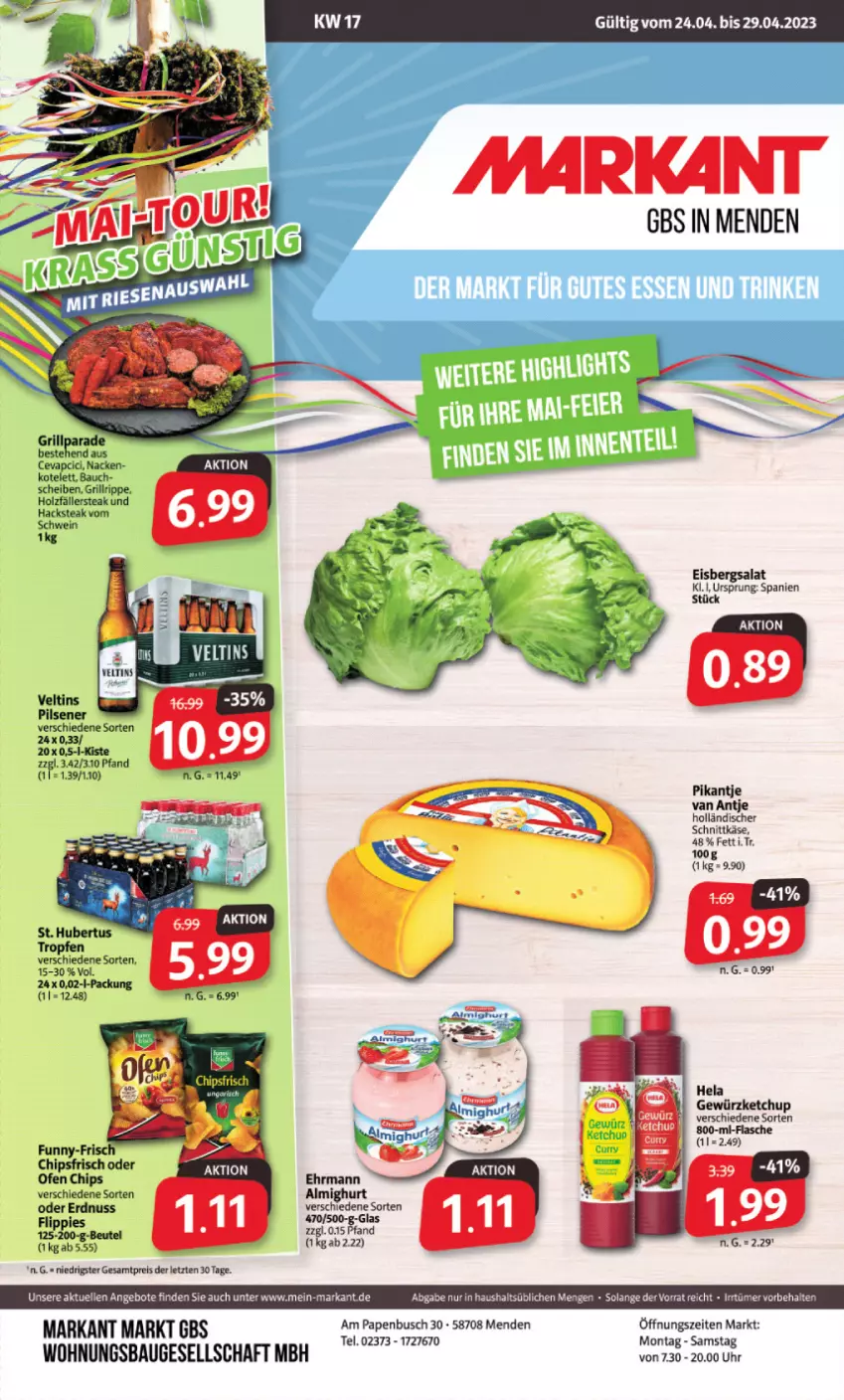 Aktueller Prospekt Markant - Prospekte - von 24.04 bis 29.04.2023 - strona 1 - produkty: angebot, angebote, Bau, beutel, cevapcici, chips, chipsfrisch, ehrmann, eis, elle, erdnuss, flasche, flippies, funny-frisch, gewürz, gewürzketchup, grill, grillrippe, Hela, holländischer schnittkäse, Holz, Käse, ketchup, kotelett, nuss, reis, schnittkäse, schwein, steak, uhr, wein, ZTE