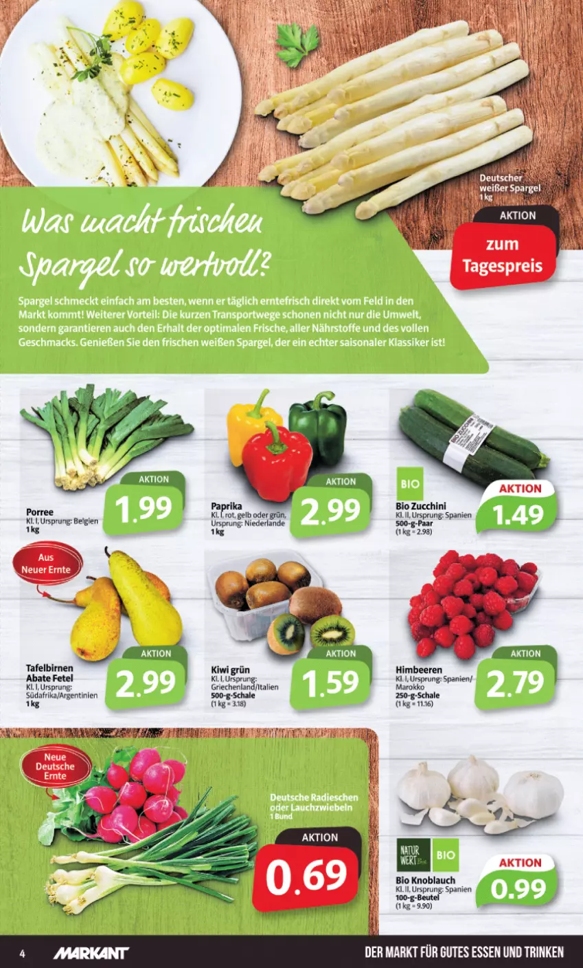 Aktueller Prospekt Markant - Prospekte - von 24.04 bis 29.04.2023 - strona 4 - produkty: beere, beeren, beutel, bio, Birnen, eis, gutes essen, himbeer, himbeere, himbeeren, kiwi, knoblauch, natur, reis, Schal, Schale, tafelbirnen, Ti, zucchini