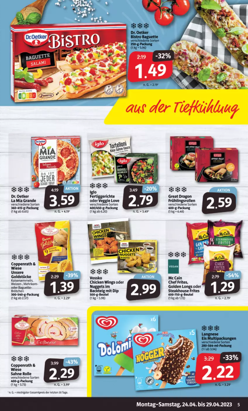 Aktueller Prospekt Markant - Prospekte - von 24.04 bis 29.04.2023 - strona 5 - produkty: baguette, beutel, brötchen, chicken wings, coppenrath, dip, Dr. Oetker, eis, fertiggericht, fertiggerichte, Golden Longs, Kaiser, Kaisersemmel, mccain, nuggets, reis, sahne, Semmel, steak, Ti, veggie, Veggie Love, vossko, ZTE