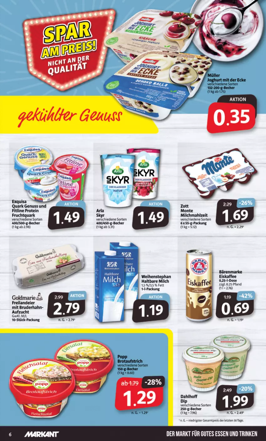 Aktueller Prospekt Markant - Prospekte - von 24.04 bis 29.04.2023 - strona 6 - produkty: arla, aufstrich, bärenmarke, Becher, brot, brotaufstrich, eier, eis, eiskaffee, exquisa, fitline, frucht, Fruchtquark, goldmarie, gutes essen, haltbare milch, HP, kaffee, milch, monte, natur, nuss, Popp, quark, quark genus, quark genuss, reis, weihenstephan, zott, ZTE