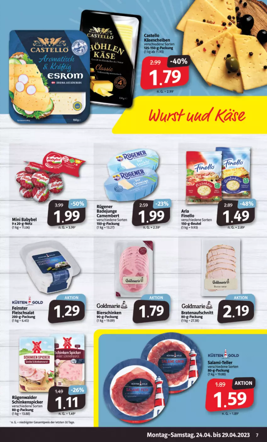 Aktueller Prospekt Markant - Prospekte - von 24.04 bis 29.04.2023 - strona 7 - produkty: arla, aufschnitt, Bad, beutel, bier, bierschinken, braten, bratenaufschnitt, camembert, eis, esrom, finello, fleisch, fleischsalat, goldmarie, reis, Rügener, rügener badejunge, rügenwalder, salat, schinken, schinken spicker, Schinkenspicker, Ti, ZTE