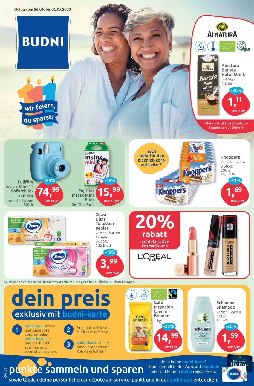 Aktueller Prospekt Budni - Prospekte - von 26.06 bis 01.07.2023 - strona 1 - produkty: angebot, angebote, bohne, bohnen, Brufen, decke, drink, eis, hafer, kamera, knoppers, natur, natura, papier, reis, rum, schauma, shampoo, soja, Ti, zewa