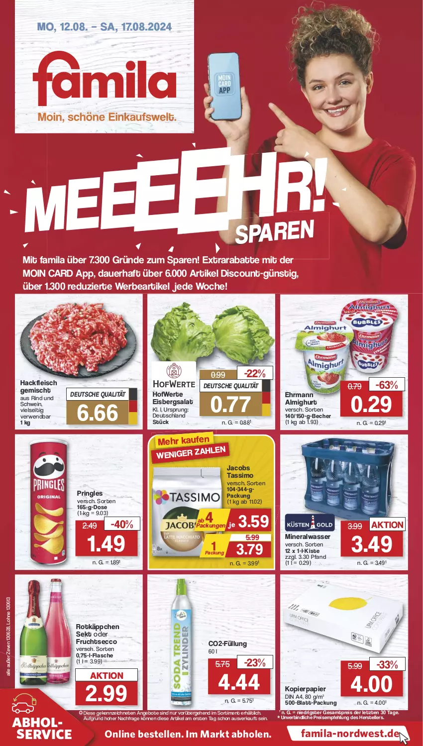 Aktueller Prospekt Famila - Prospekte - von 12.08 bis 17.08.2024 - strona 1 - produkty: almighur, almighurt, Alwa, angebot, angebote, auer, Becher, din a4, discount, ecco, ehrmann, ehrmann almighurt, eis, eisbergsalat, elle, flasche, fleisch, frucht, fruchtsecco, hackfleisch, hackfleisch gemischt, jacobs, jacobs tassimo, kopierpapier, mineralwasser, papier, pringles, reis, rind, ring, rotkäppchen, rwe, salat, schwein, sekt, sim, tassimo, teller, Ti, wasser, wein, ZTE