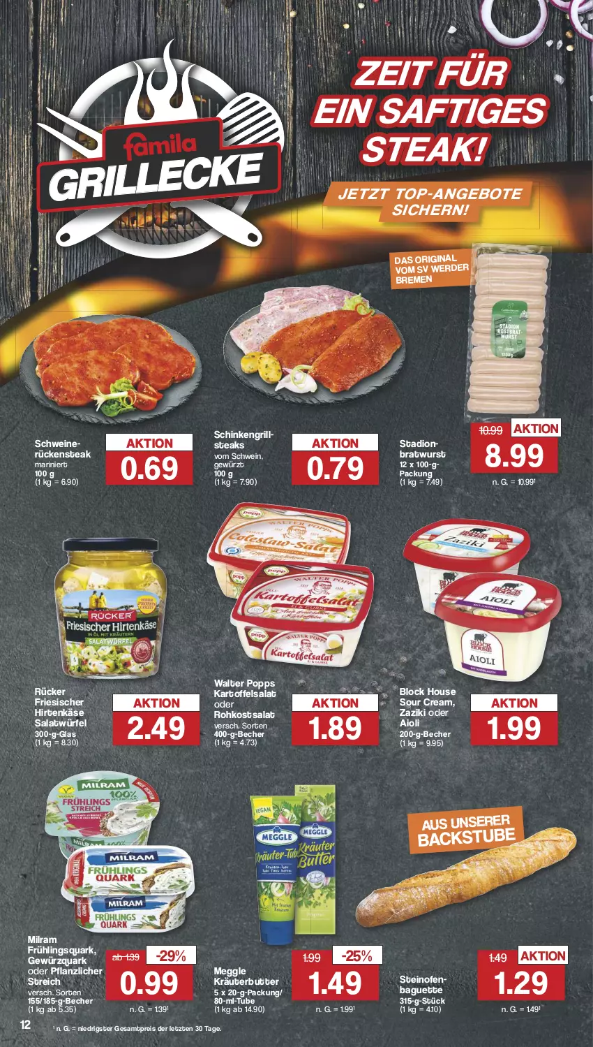 Aktueller Prospekt Famila - Prospekte - von 12.08 bis 17.08.2024 - strona 14 - produkty: aioli, angebot, angebote, baguette, Becher, bratwurst, butter, eis, friesischer hirtenkäse, gewürz, gewürzquark, gin, grill, hirtenkäse, kartoffel, kartoffelsalat, Käse, kräuter, kräuterbutter, meggle, milram, Ofen, Popp, quark, reis, Rückensteak, saft, salat, Salatwürfel, schinken, schwein, schweine, sour cream, steak, steaks, steinofen, stube, Ti, top-angebot, wein, weine, würfel, wurst, zaziki, ZTE