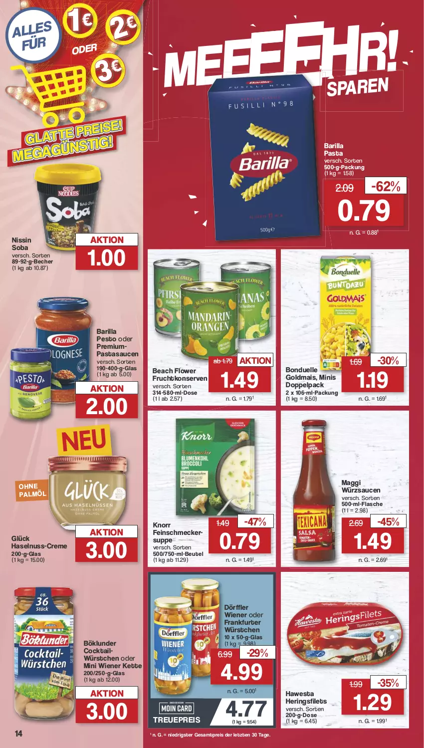 Aktueller Prospekt Famila - Prospekte - von 12.08 bis 17.08.2024 - strona 16 - produkty: barilla, Becher, beutel, böklunder, bonduelle, bonduelle goldmais, cocktail, creme, eis, elle, feinschmecker, filet, filets, flasche, frankfurter, frucht, Goldmais, haselnuss, hawesta, hering, Herings, heringsfilets, Kette, knorr, Konserven, maggi, mais, Nissin, nuss, pasta, pesto, reis, ring, sauce, saucen, suppe, Ti, wiener, würstchen, würzsauce, würzsaucen, ZTE