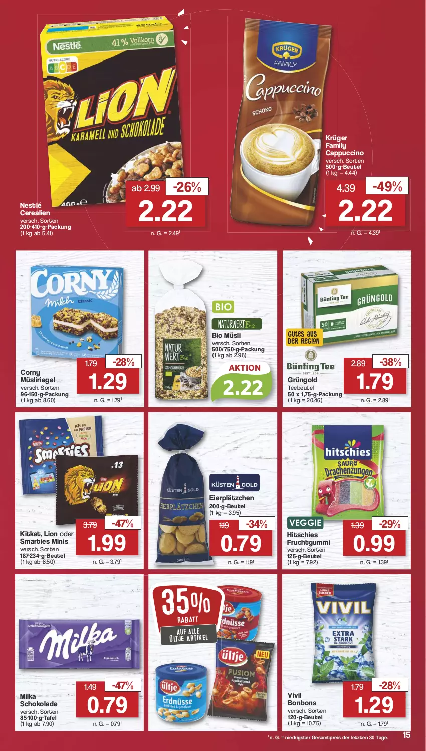 Aktueller Prospekt Famila - Prospekte - von 12.08 bis 17.08.2024 - strona 17 - produkty: beutel, bio, bonbons, Cap, cappuccino, cerealien, cin, corny, decke, eier, eis, frucht, fruchtgummi, kitkat, krüger, Lätzche, lebensmittel, lion, milka, milka schokolade, müsli, Müsliriegel, nestlé, reis, riegel, schoko, schokolade, smarties, tee, Teebeutel, Ti, ültje, veggie, ZTE