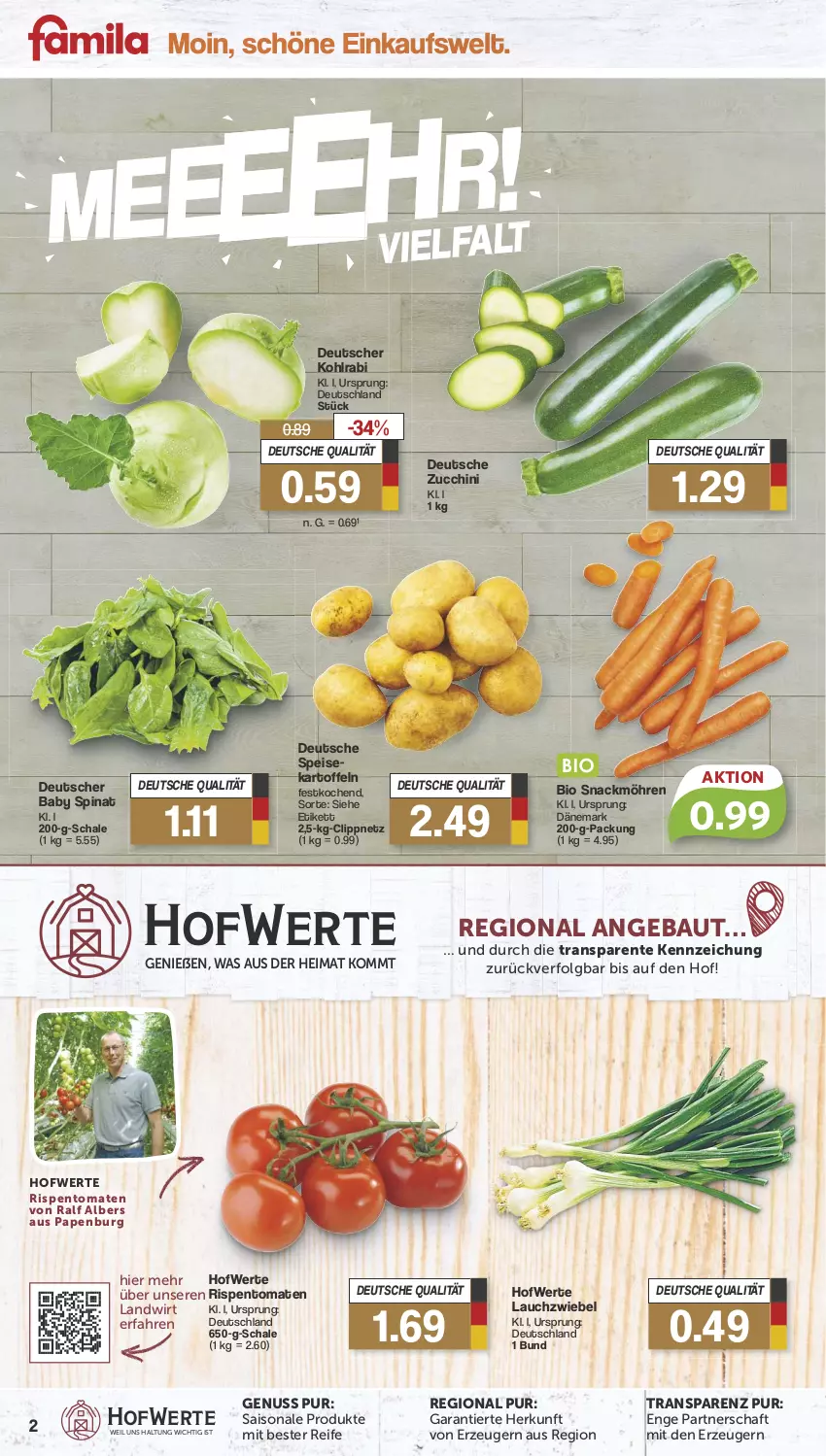 Aktueller Prospekt Famila - Prospekte - von 12.08 bis 17.08.2024 - strona 2 - produkty: Bau, bio, eis, ente, kartoffel, kartoffeln, kohlrabi, Lauchzwiebel, LG, möhren, nuss, rispentomaten, Schal, Schale, snack, speisekartoffeln, spinat, Ti, tomate, tomaten, zucchini, zwiebel