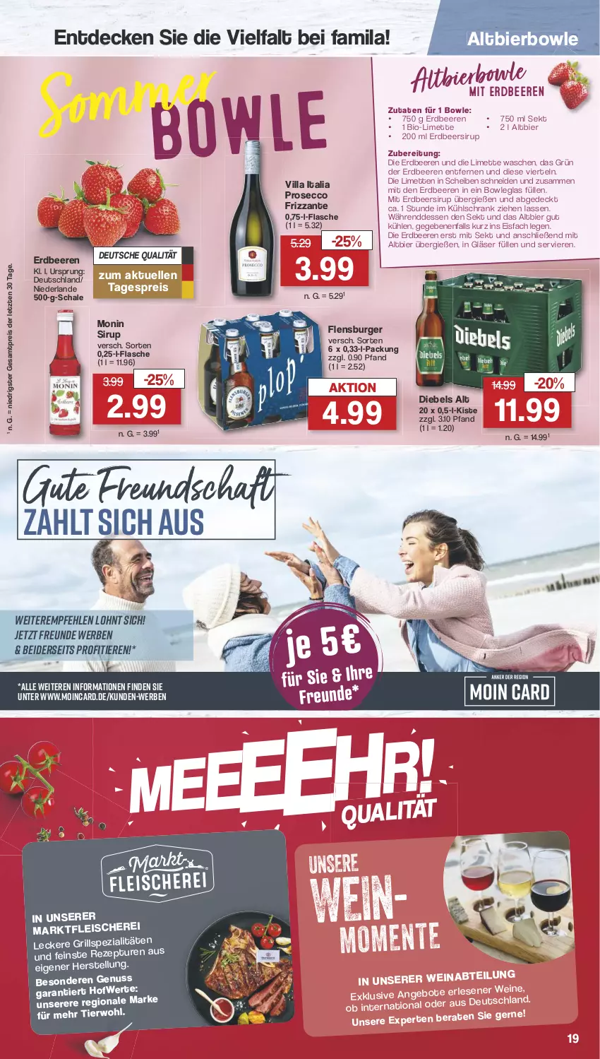 Aktueller Prospekt Famila - Prospekte - von 12.08 bis 17.08.2024 - strona 21 - produkty: beere, beeren, bier, bio, bowle, burger, decke, diebels, ecco, eis, elle, erdbeere, erdbeeren, flasche, flensburger, frizzante, Gläser, kühlschrank, limette, limetten, Mett, metten, monin, prosecco, reis, Schal, Schale, Schrank, sekt, sirup, Ti, Tiere, ZTE