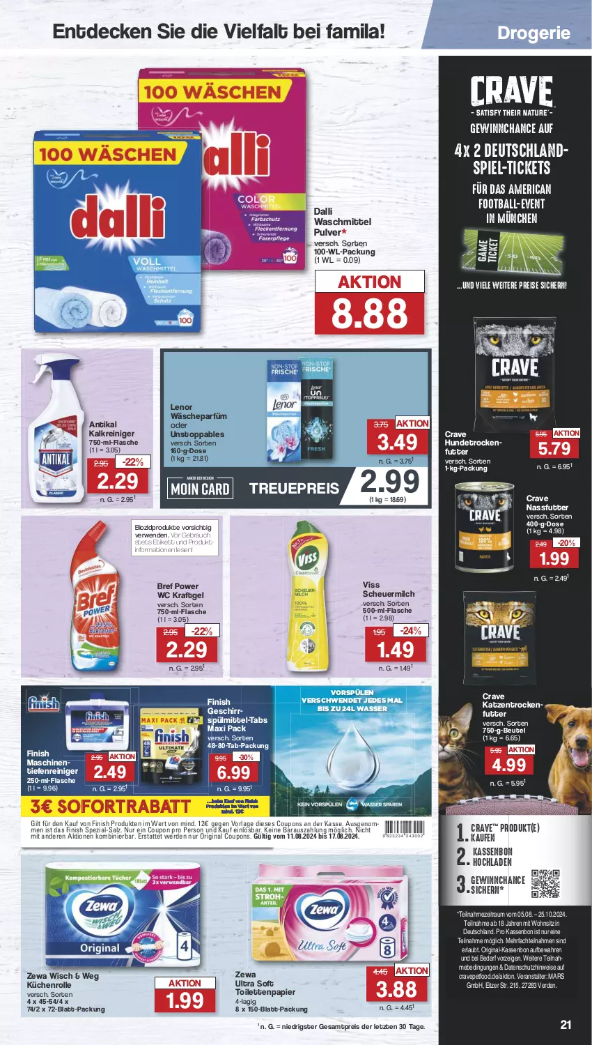 Aktueller Prospekt Famila - Prospekte - von 12.08 bis 17.08.2024 - strona 23 - produkty: ball, beutel, bio, biozidprodukte, Bref, bref power, coupon, coupons, dalli, decke, eis, erde, Finish, flasche, geschirr, geschirrspülmittel, gin, Heu, Kalkreiniger, Katzentrockenfutter, kraft, küche, Küchen, küchenrolle, lenor, mars, milch, nassfutter, papier, Rauch, reiniger, reis, rwe, salz, scheuermilch, sofortrabatt, Spezi, Spülen, spülmittel, Ti, toilettenpapier, trockenfutter, wäscheparfüm, waschmittel, wasser, zewa, ZTE