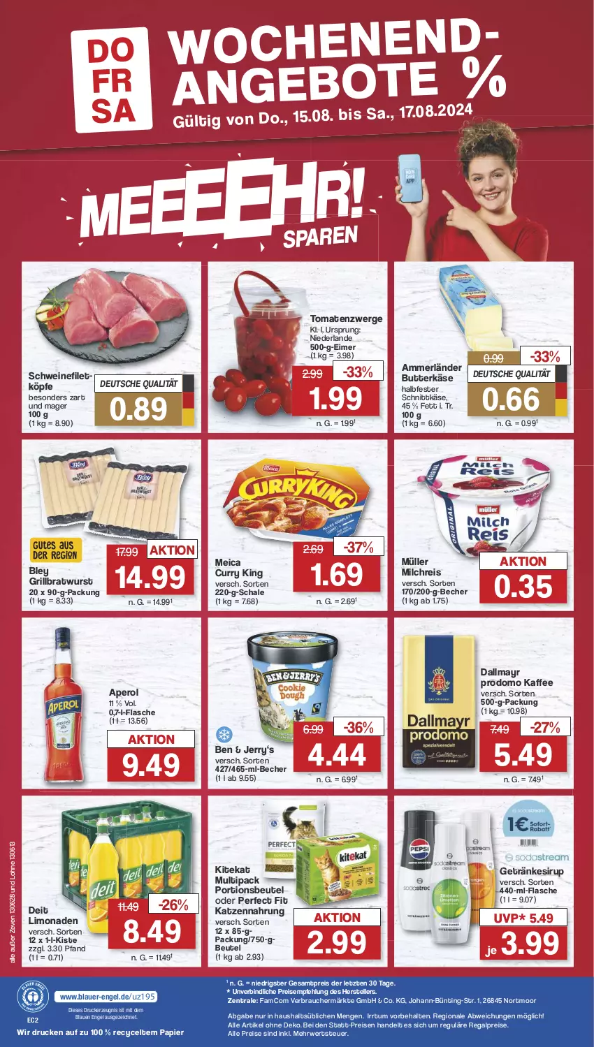 Aktueller Prospekt Famila - Prospekte - von 12.08 bis 17.08.2024 - strona 34 - produkty: ammerländer, aperol, auer, Becher, beutel, bley, bratwurst, butter, butterkäse, curry, dallmayr, dallmayr prodomo, deit, drucker, eimer, eis, elle, Engel, filet, flasche, getränk, getränke, getränkesirup, grill, grillbratwurst, halbfester schnittkäse, kaffee, Käse, katzennahrung, kerze, kitekat, limo, limonade, limonaden, meica, merl, milch, milchreis, Müller, papier, Perfect Fit, portionsbeutel, prodomo, Rauch, regal, reis, rwe, Schal, Schale, schnittkäse, schwein, schweine, schweinefilet, sirup, teller, Ti, tomate, tomaten, wein, weine, wurst, ZTE