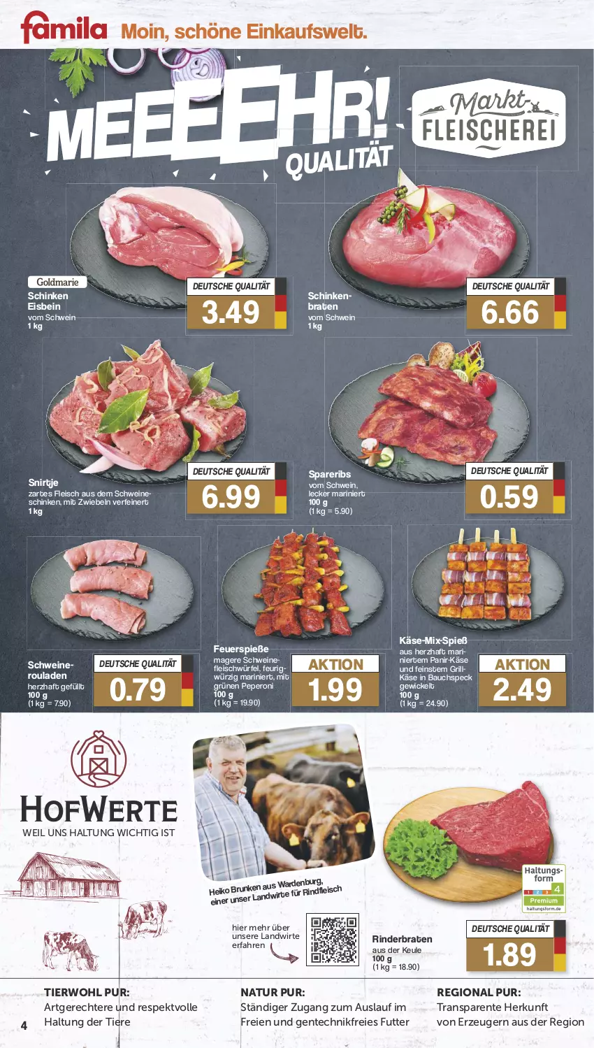 Aktueller Prospekt Famila - Prospekte - von 12.08 bis 17.08.2024 - strona 4 - produkty: Bau, braten, eis, ente, fleisch, grill, Grillkäse, Käse, mit zwiebeln, natur, peperoni, Peroni, rind, rinder, rinderbraten, rindfleisch, rouladen, schinken, schwein, schweine, schweinefleisch, spareribs, Speck, Ti, Tiere, wein, weine, WICK, würfel, zwiebel, zwiebeln