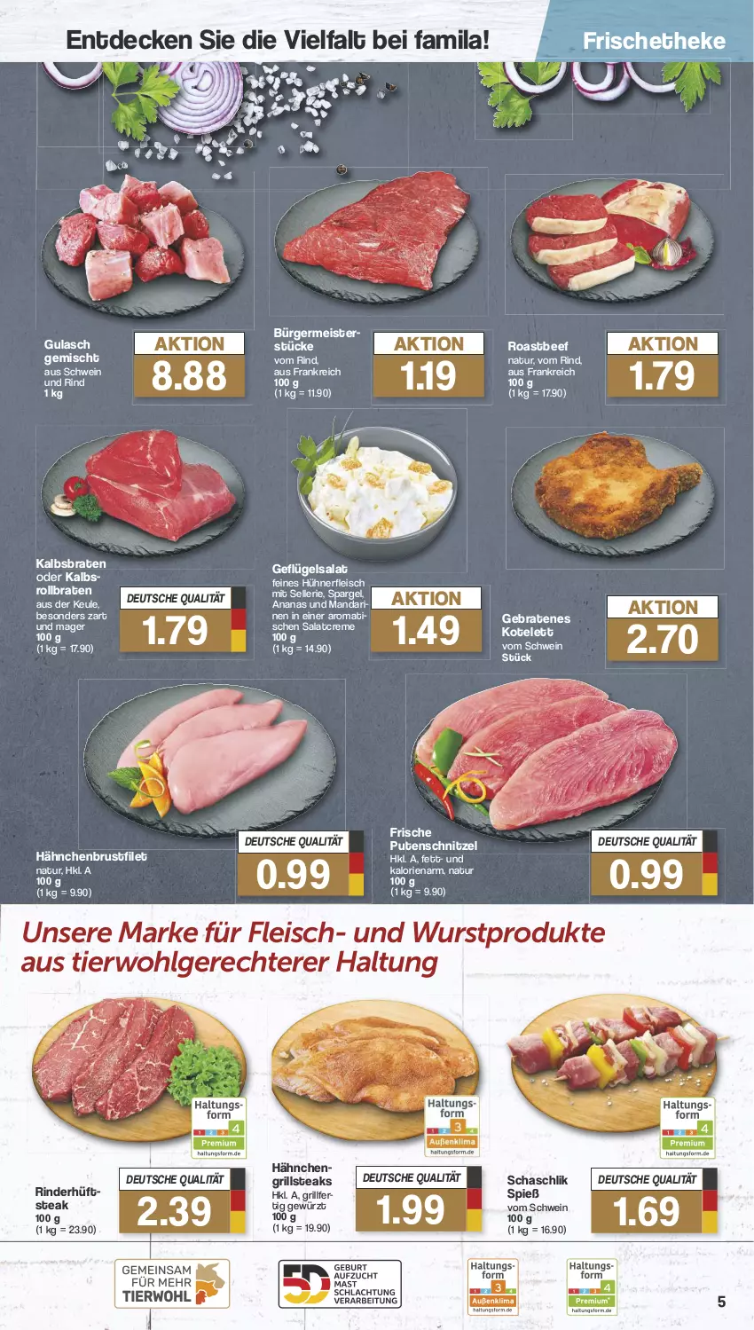 Aktueller Prospekt Famila - Prospekte - von 12.08 bis 17.08.2024 - strona 5 - produkty: ananas, beef, braten, brustfilet, creme, decke, eis, elle, filet, fleisch, Geflügel, geflügelsalat, Germ, gewürz, grill, gulasch, hähnchenbrust, hähnchenbrustfilet, hüftsteak, hühner, kotelett, LG, mandarine, mandarinen, Meister, natur, nerf, pute, putenschnitzel, rind, rinder, roastbeef, rollbraten, salat, salatcreme, schnitzel, schwein, schwein und rind, spargel, steak, steaks, Ti, tisch, wein, wurst