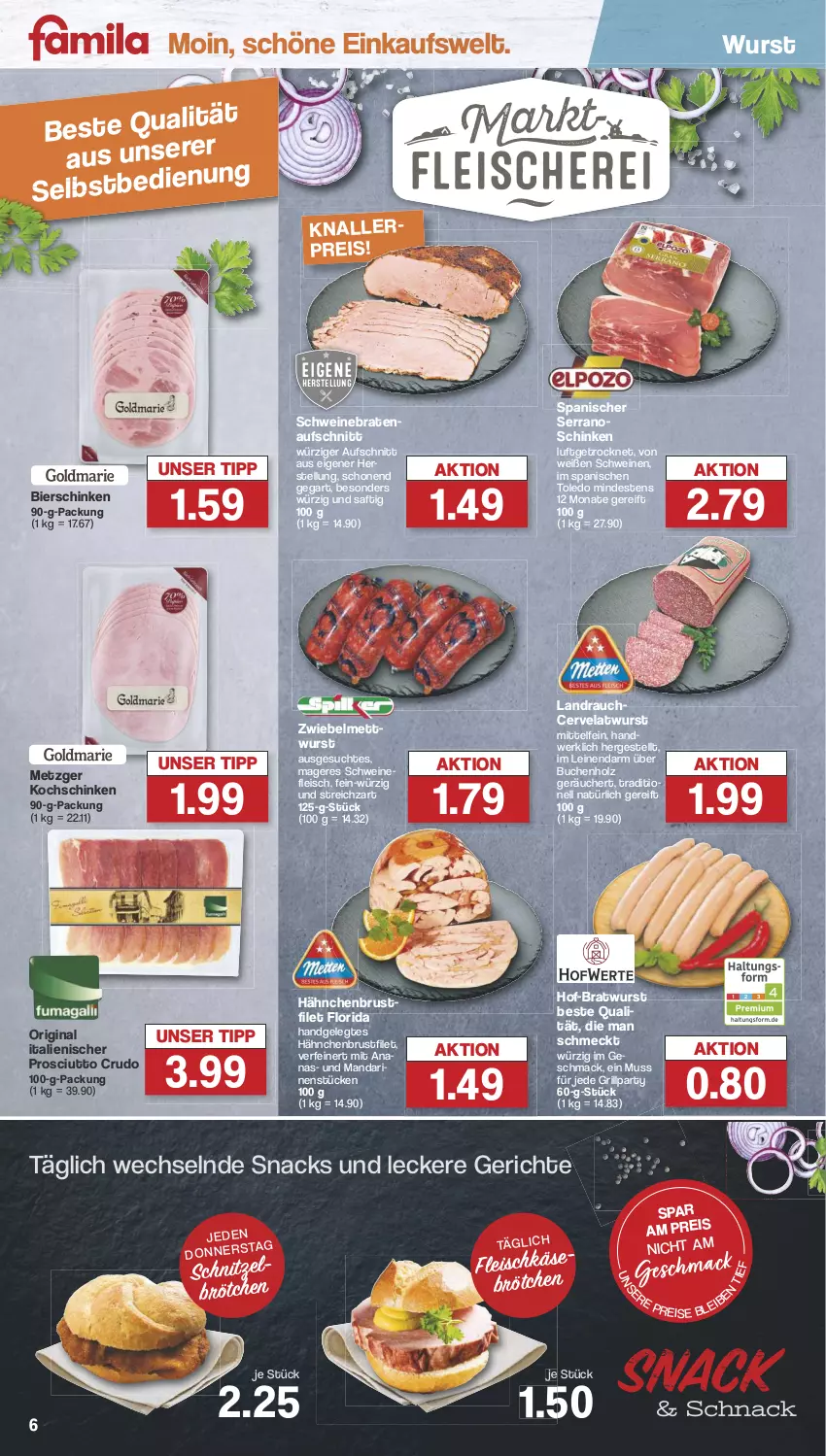 Aktueller Prospekt Famila - Prospekte - von 12.08 bis 17.08.2024 - strona 6 - produkty: ananas, aufschnitt, bier, bierschinken, braten, bratenaufschnitt, bratwurst, brötchen, brustfilet, buch, eis, filet, fleisch, gin, grill, hähnchenbrust, hähnchenbrustfilet, Holz, kochschinken, leine, mac, mandarine, mandarinen, Mett, mettwurst, prosciutto, prosciutto crudo, Rauch, reis, saft, schinken, schnitzel, schwein, schweine, schweinebraten, schweinefleisch, serrano, snack, snacks, Streichzart, Ti, wein, weine, wurst, zwiebel, zwiebelmettwurst