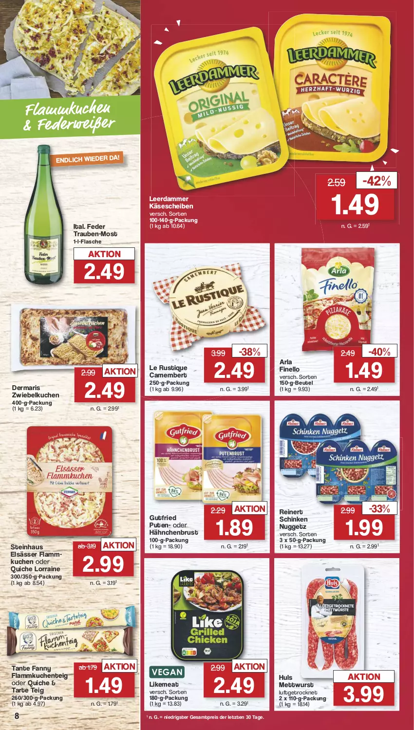 Aktueller Prospekt Famila - Prospekte - von 12.08 bis 17.08.2024 - strona 8 - produkty: arla, beutel, camembert, eis, ente, finello, flammkuchen, Flammkuchenteig, flasche, gutfried, hähnchenbrust, Käse, käsescheiben, kuchen, lamm, Le Rustique, leerdammer, Mett, mettwurst, pute, Quiche, reinert, reis, schinken, steinhaus, tante fanny, Ti, trauben, wurst, ZTE, zwiebel