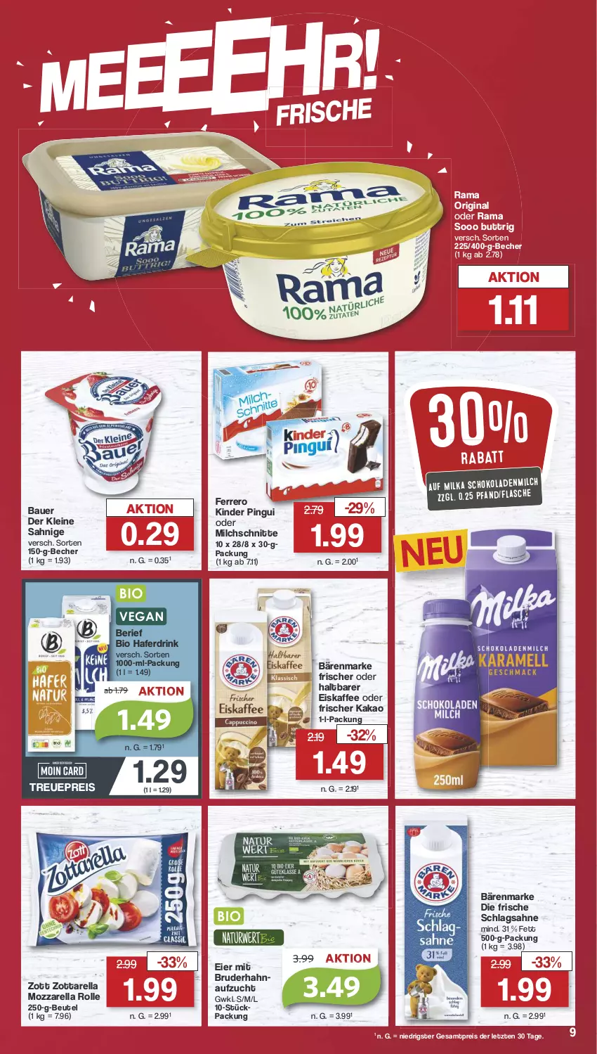 Aktueller Prospekt Famila - Prospekte - von 12.08 bis 17.08.2024 - strona 9 - produkty: auer, bärenmarke, Bau, Bauer, Becher, beutel, bio, decke, drink, eier, eis, eiskaffee, ferrero, flasche, gin, hafer, Haferdrink, kaffee, kakao, Kinder, kinder pingui, kühlregal, leine, milch, Milchschnitte, milka, milka schokolade, mozzarella, mozzarella rolle, pingui, rama, regal, reis, rel, sahne, schlagsahne, schoko, schokolade, schokoladen, Ti, zott, zottarella, ZTE