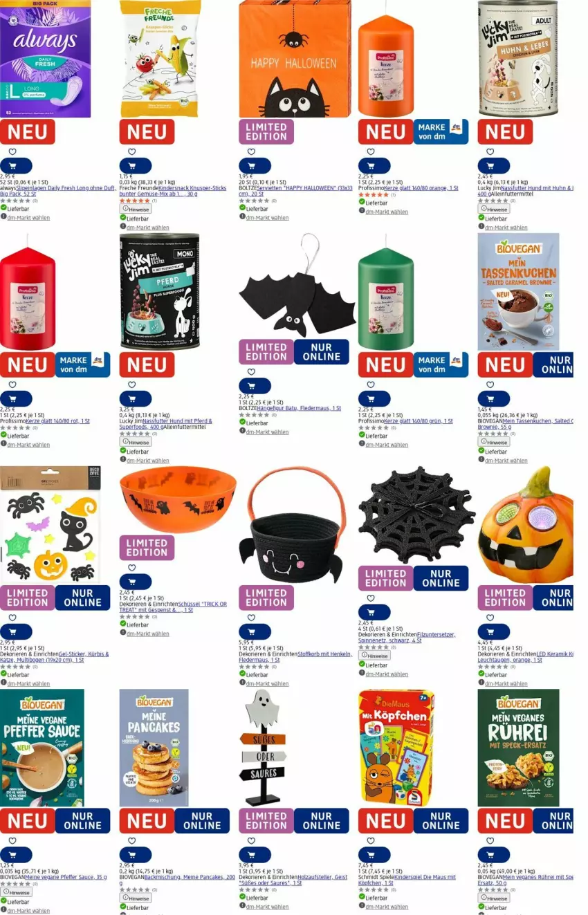 Aktueller Prospekt Dm Drogerie - Prospekte - von 01.09 bis 10.09.2025 - strona 19 - produkty: alleinfuttermittel, Alwa, Always, backmischung, bio, eis, elle, Engel, freche freunde, henkel, Holz, kerze, Kinder, Kinderspiel, korb, kuchen, Kürbis, Maus, nassfutter, orange, pfeffer, Profissimo, sauce, schüssel, sim, slip, slipeinlagen, snack, Spiele, tasse, teller, Ti, uhr, Untersetzer, Wanne
