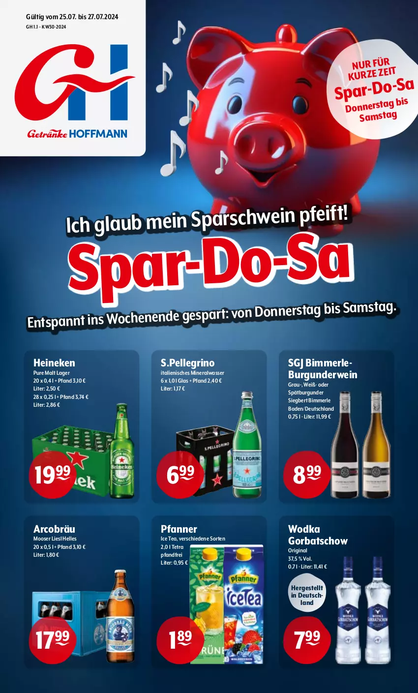 Aktueller Prospekt Getraenke Hoffmann - Prospekte - von 25.07 bis 27.07.2024 - strona 1 - produkty: Alwa, Bad, burgunder, elle, gin, Gorbatschow, heineken, ice tea, merl, mineralwasser, pfanne, Pfanner, rwe, spätburgunder, Ti, wasser, wein, wodka