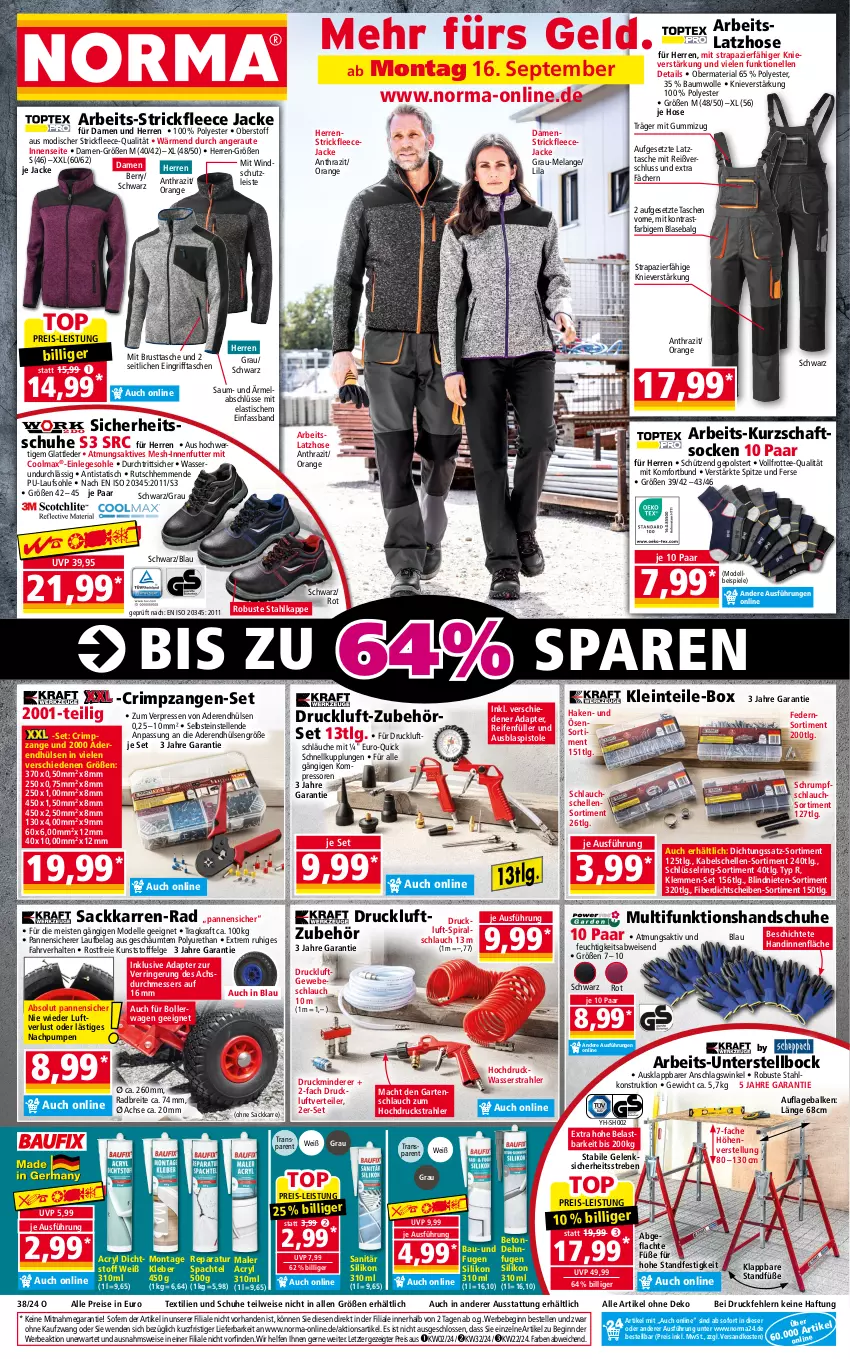 Aktueller Prospekt Norma - Norma - von 16.09 bis 23.09.2024 - strona 1 - produkty: adapter, asti, Bau, baumwolle, Bebe, Blasebalg, bollerwagen, Brei, dell, eis, Elan, elle, Fleecejacke, Garten, gartenschlauch, gin, gsw, handschuhe, hose, HP, Jacke, kleber, kompressor, kraft, Kurzschaftsocken, Latzhose, LG, mac, messer, Mode, ndk, orange, reifen, reis, Ria, ring, rum, sac, schlauch, schläuche, schuhe, Schütze, socken, spachtel, Spiele, Strickfleecejacke, Tasche, taschen, tee, Ti, tisch, usb, wasser, wolle, Zangen, ZTE