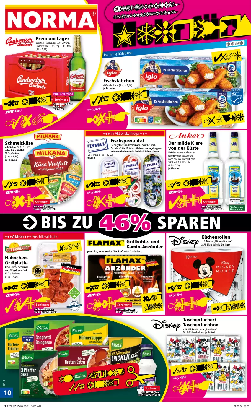 Aktueller Prospekt Norma - Norma - von 16.09 bis 23.09.2024 - strona 10 - produkty: anzünder, chili, eis, filet, filets, fisch, fischstäbchen, flasche, fleisch, gabel, gewürz, gin, grill, Grillkohle, grillplatte, henkel, hering, Herings, heringsfilets, Heringshappen, Kamin, Käse, käse vielfalt, kraft, kräuter, küche, Küchen, kühlregal, latte, mac, ndk, regal, remoulade, rezept, ring, sahne, sauce, schenkel, Schmelzkäse, Spezi, Tasche, taschen, Ti, tuc, tücher, zwiebel