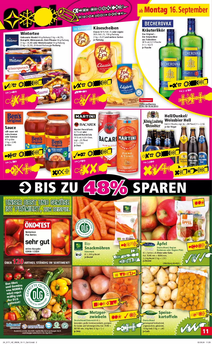 Aktueller Prospekt Norma - Norma - von 16.09 bis 23.09.2024 - strona 11 - produkty: ananas, apfel, auer, bacardi, bacardi rum, beutel, bier, bio, bürste, cola, eis, erde, flasche, Gemüsezwiebel, gin, kartoffel, kartoffeln, Käse, kräuter, kräuterlikör, kühlregal, likör, mandel, martini, möhren, Nektar, nektarinen, obst, Obst und Gemüse, pflaume, regal, reis, rum, sac, salat, salate, sauce, snack, speisekartoffeln, tee, Ti, tiefpreis, tonic, und gemüse, weissbier, zwiebel, zwiebeln