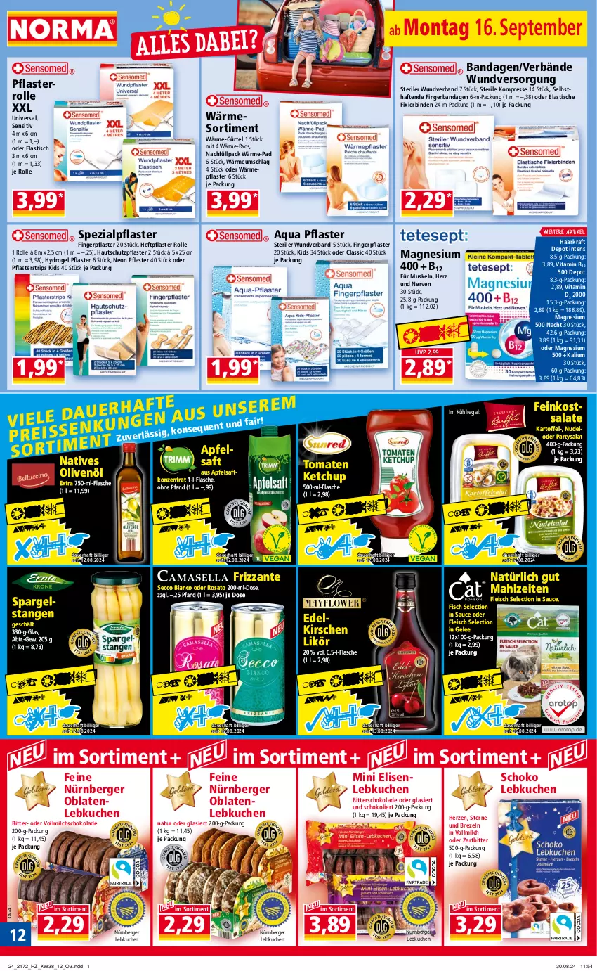 Aktueller Prospekt Norma - Norma - von 16.09 bis 23.09.2024 - strona 12 - produkty: apfel, apfelsaft, aqua, asti, auer, Berger, binden, brezel, Brezeln, ecco, eis, feinkost, feinkostsalate, fisch, flasche, fleisch, frizzante, gelee, kartoffel, ketchup, kirsch, kirsche, kirschen, kraft, kuchen, kühlregal, Lebkuchen, likör, magnesium, magnesium 400, milch, natives olivenöl, natur, nudel, nürnberger, Nürnberger Lebkuchen, Oblaten, olive, oliven, olivenöl, pflaster, regal, rosato, saft, salat, salate, sauce, schoko, schokolade, spargel, Spezi, Ti, tisch, tomate, tomaten, tomaten ketchup, vita, Vitamin B, Vitamin D, vollmilch