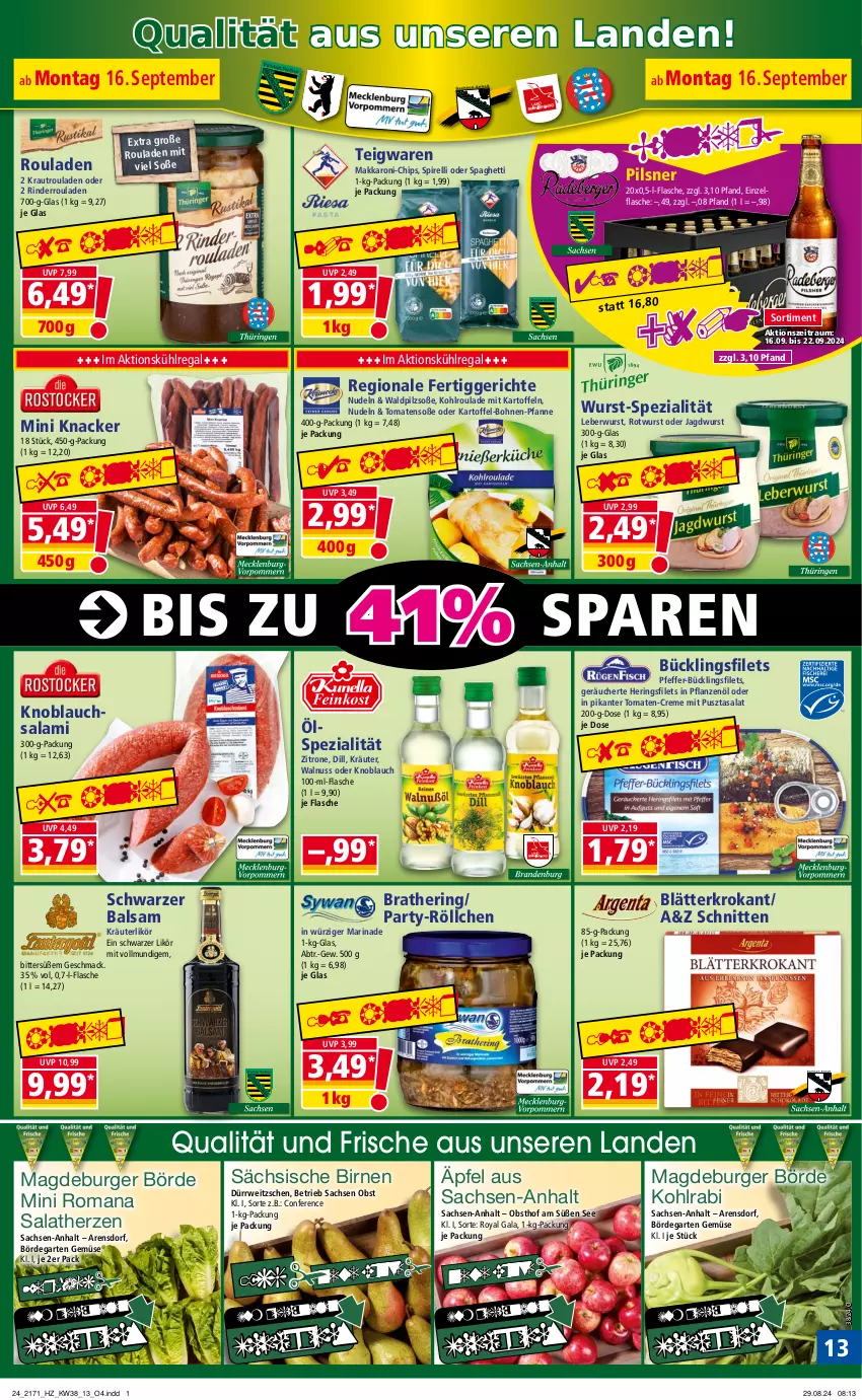 Aktueller Prospekt Norma - Norma - von 16.09 bis 23.09.2024 - strona 13 - produkty: balsam, Birnen, bohne, bohnen, burger, chips, creme, eis, fertiggericht, fertiggerichte, filet, filets, flasche, Garten, hering, Herings, heringsfilets, jagdwurst, kartoffel, kartoffeln, knacker, knoblauch, Knoblauchsalami, kohlrabi, Kraut, kräuter, kräuterlikör, kühlregal, leberwurst, likör, mac, marinade, nudel, nudeln, nuss, obst, pfanne, pfeffer, pflanze, pflanzen, Pflanzenöl, pils, pilsner, Pusztasalat, regal, reis, rel, rind, rinder, Rinderroulade, rinderrouladen, ring, Rotwurst, rouladen, rwe, sac, salami, salat, salatherzen, schnitten, Soße, spaghetti, Spezi, teigwaren, Ti, tiefpreis, tomate, tomaten, walnuss, wurst, zitrone