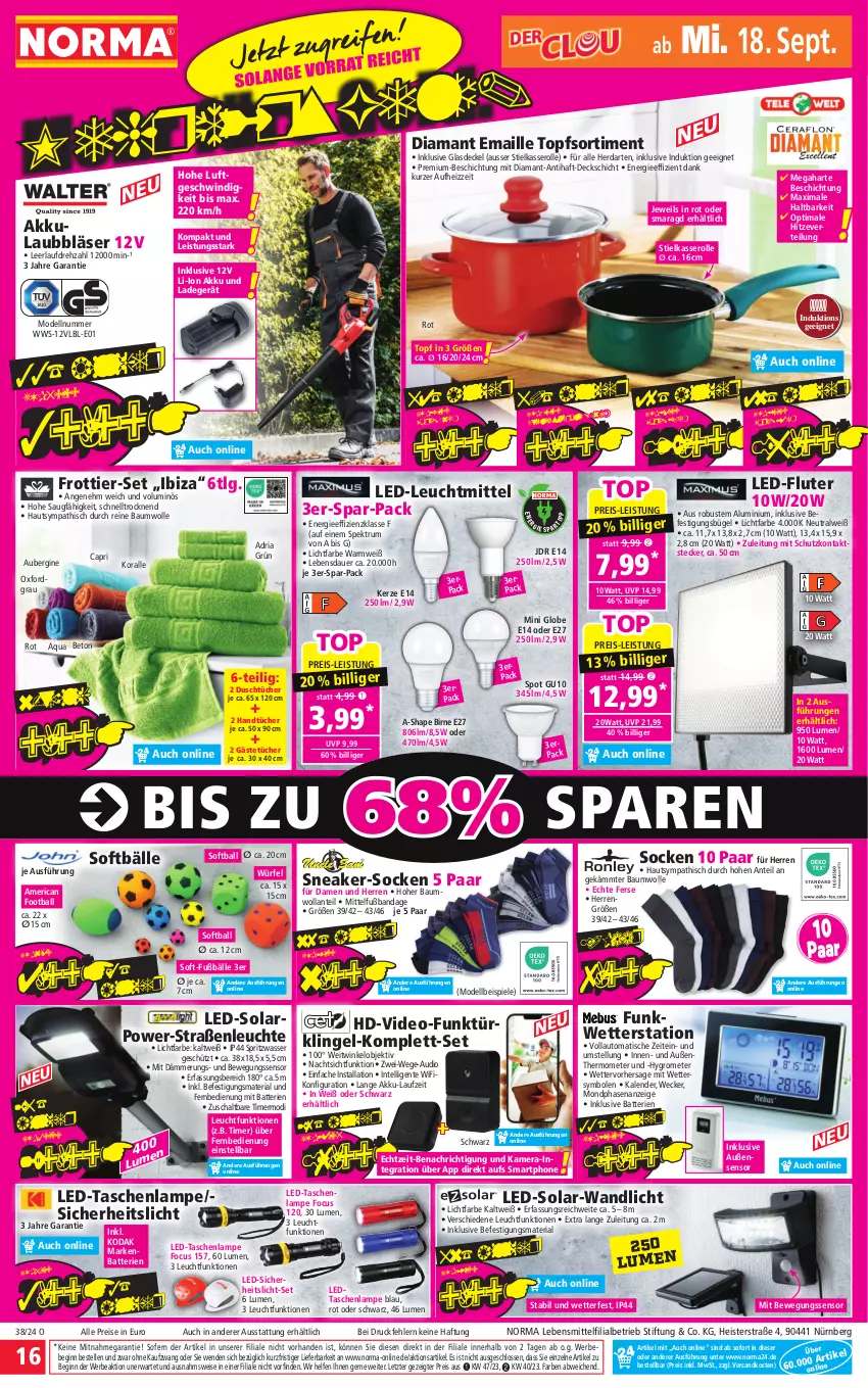 Aktueller Prospekt Norma - Norma - von 16.09 bis 23.09.2024 - strona 16 - produkty: akku, aqua, aubergine, auer, auto, ball, batterie, batterien, Bau, baumwolle, Bebe, Bewegungssensor, bügel, Cap, decke, Deckel, dell, deo, eis, elle, ente, fernbedienung, Frottier-Set, Gästetücher, gin, Glasdeckel, Grom, handtücher, herdarten, Hygrometer, Intel, kamera, kerze, ladegerät, Lampe, lebensmittel, LED-Fluter, Leuchte, leuchtmittel, LG, maille, Mode, ndk, reine baumwolle, reis, Ria, rum, Schal, smartphone, sneaker, socken, Spektrum, Spiele, stielkasserolle, Tasche, taschen, taschenlampe, thermometer, Ti, timer, tisch, topf, tücher, wasser, weck, Wetterstation, wolle, würfel, ZTE