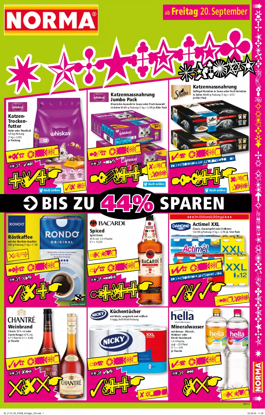 Aktueller Prospekt Norma - Norma - von 16.09 bis 23.09.2024 - strona 17 - produkty: actimel, Alwa, apfel, beere, beutel, Birnen, cuvée, drink, erdbeere, fisch, flasche, Geflügel, gelee, grana, granatapfel, himbeer, jumbo, kaffee, Katzentrockenfutter, kirsch, küche, Küchen, küchentücher, kühlregal, mac, mineralwasser, Mineralwasser Classic, Nassnahrung, pfirsich, Rana, regal, Ria, röstkaffee, rouge, sauce, thunfisch, Ti, trockenfutter, tücher, wasser, wein, weinbrand